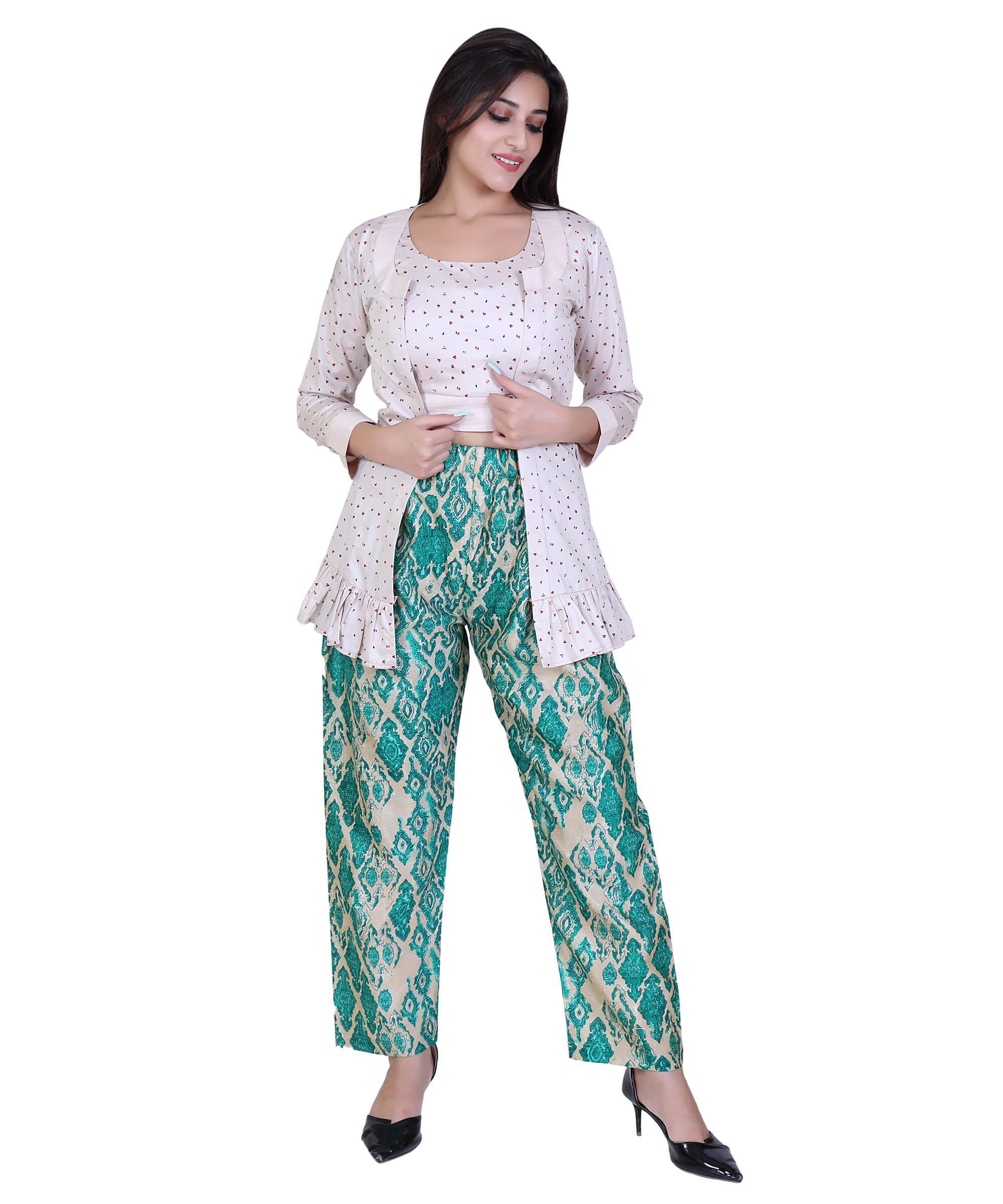SECT-WWD WOMEN WESTERN DRESS PRINT – CREAM & GREEN GOLDEN