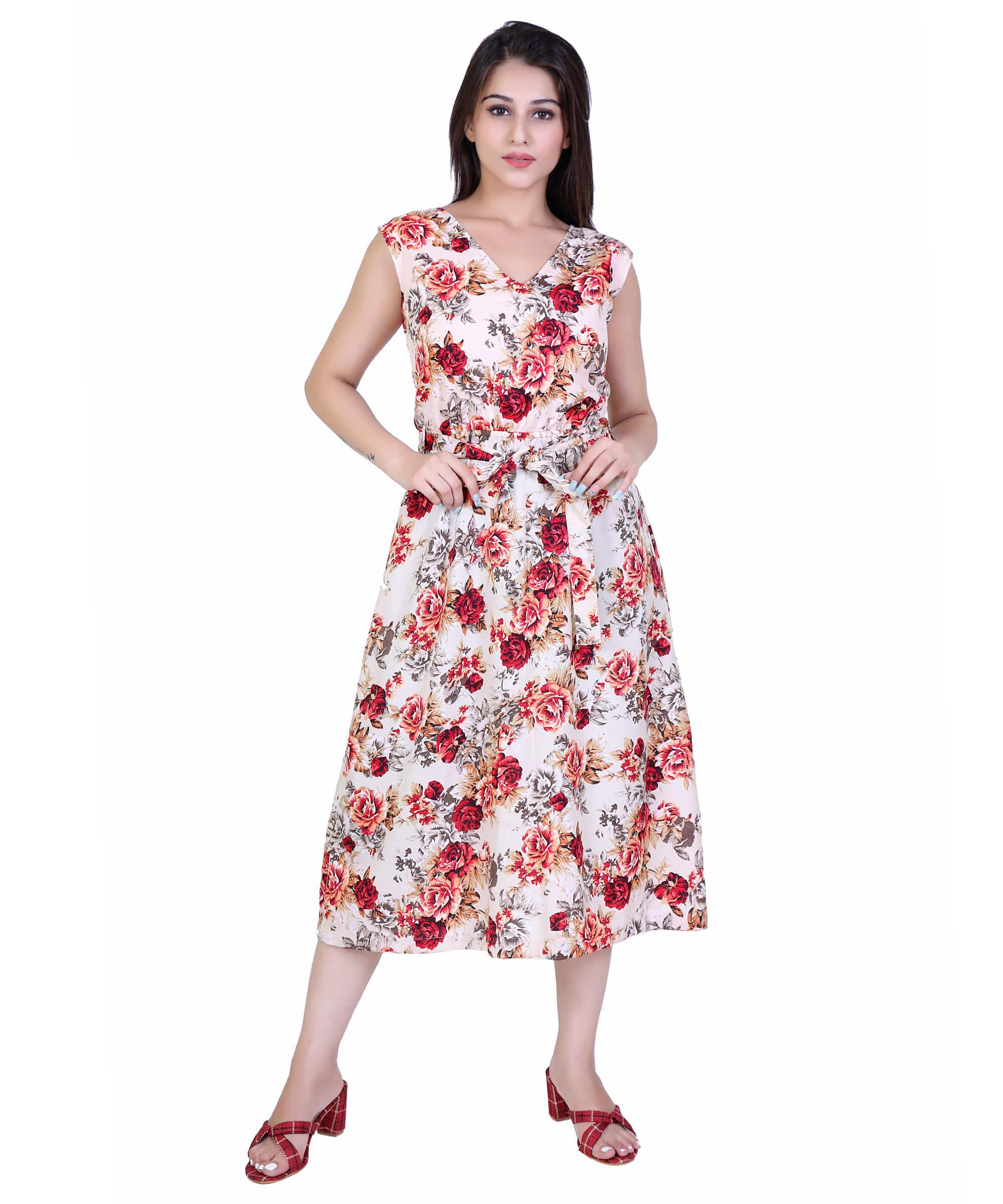 SECT-WWD WOMEN WESTERN DRESS PRINT – CREAM MAROON FLORAL