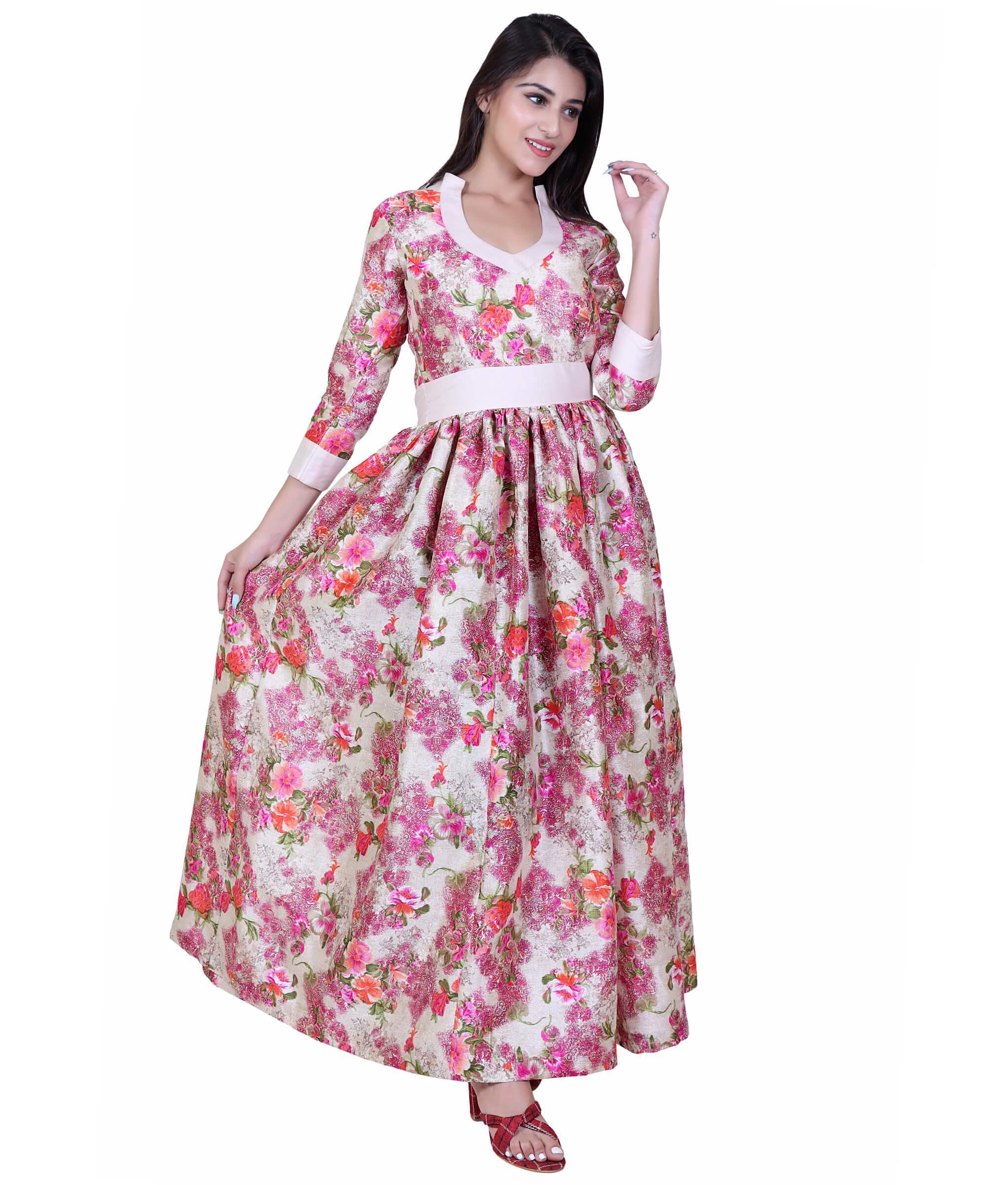 SECT-WWD WOMEN WESTERN DRESS PRINT – GOLDEN PINK FLORAL