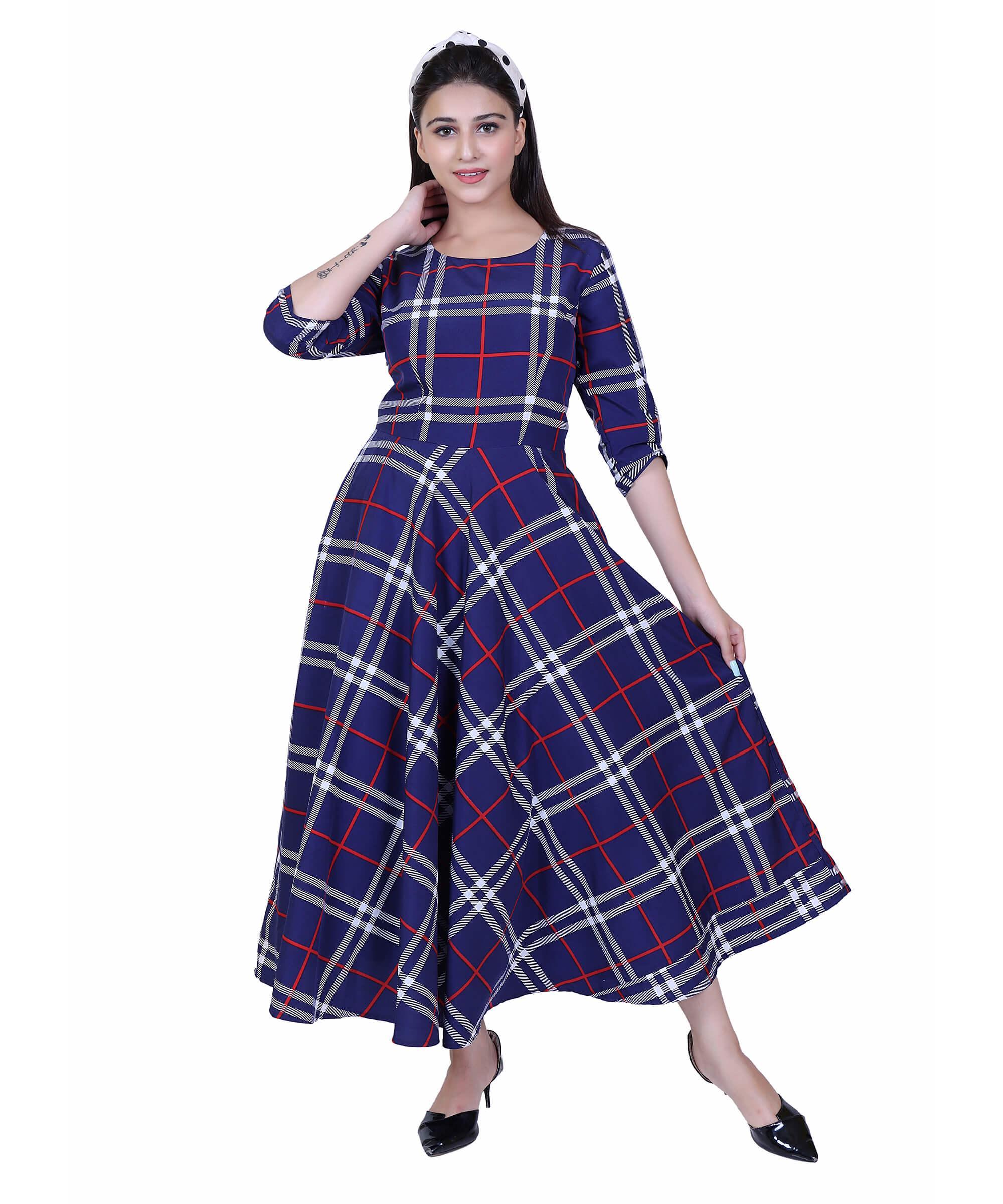SECT-WWD WOMEN WESTERN DRESS PRINT – NAVY BLUE CHECK