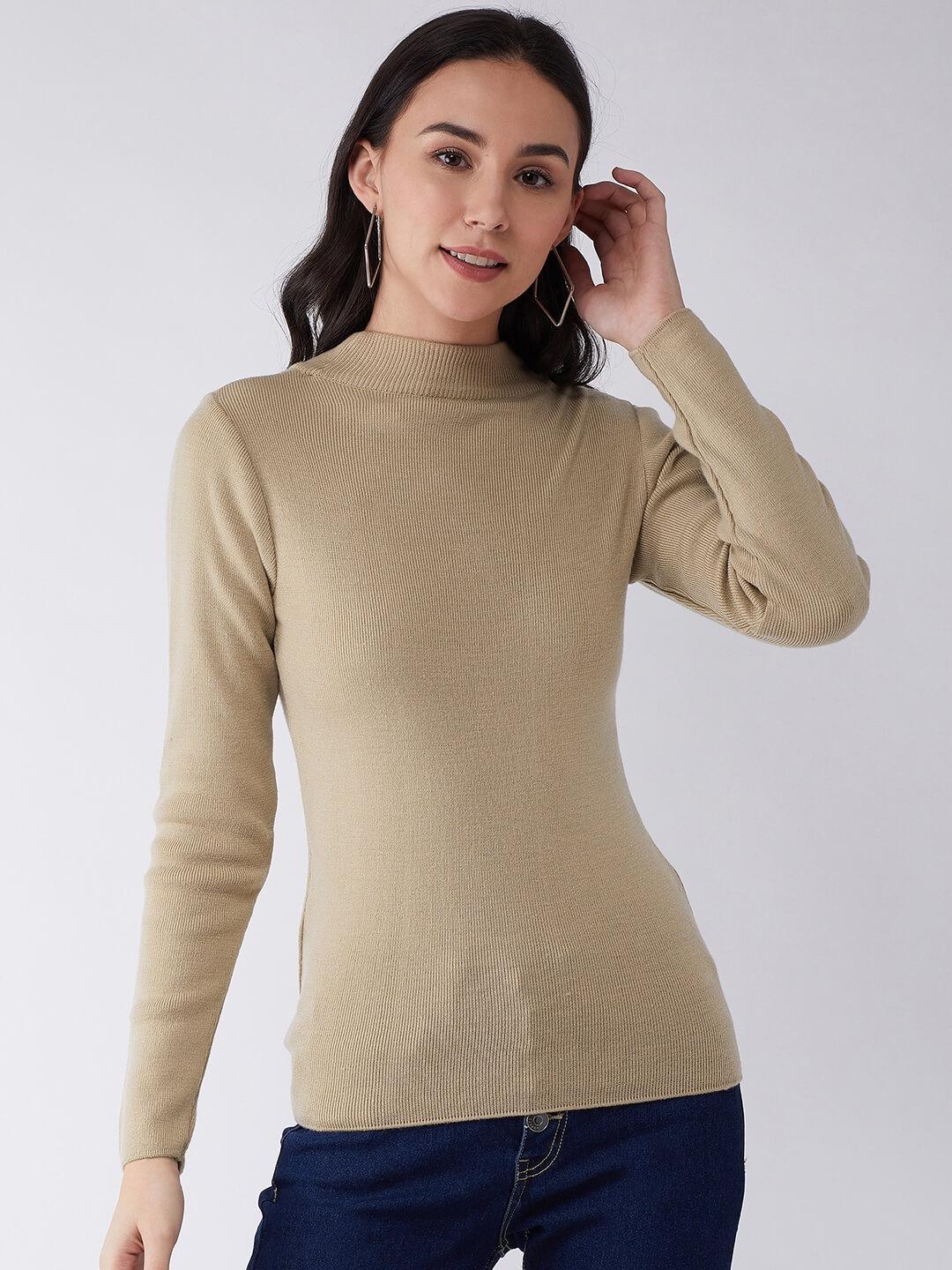 RVK Women Acrylic Beige Solid Pullover Sweater