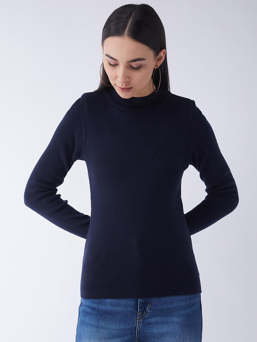 RVK Women Acrylic Navy Blue Ribbed Pullover Sweater