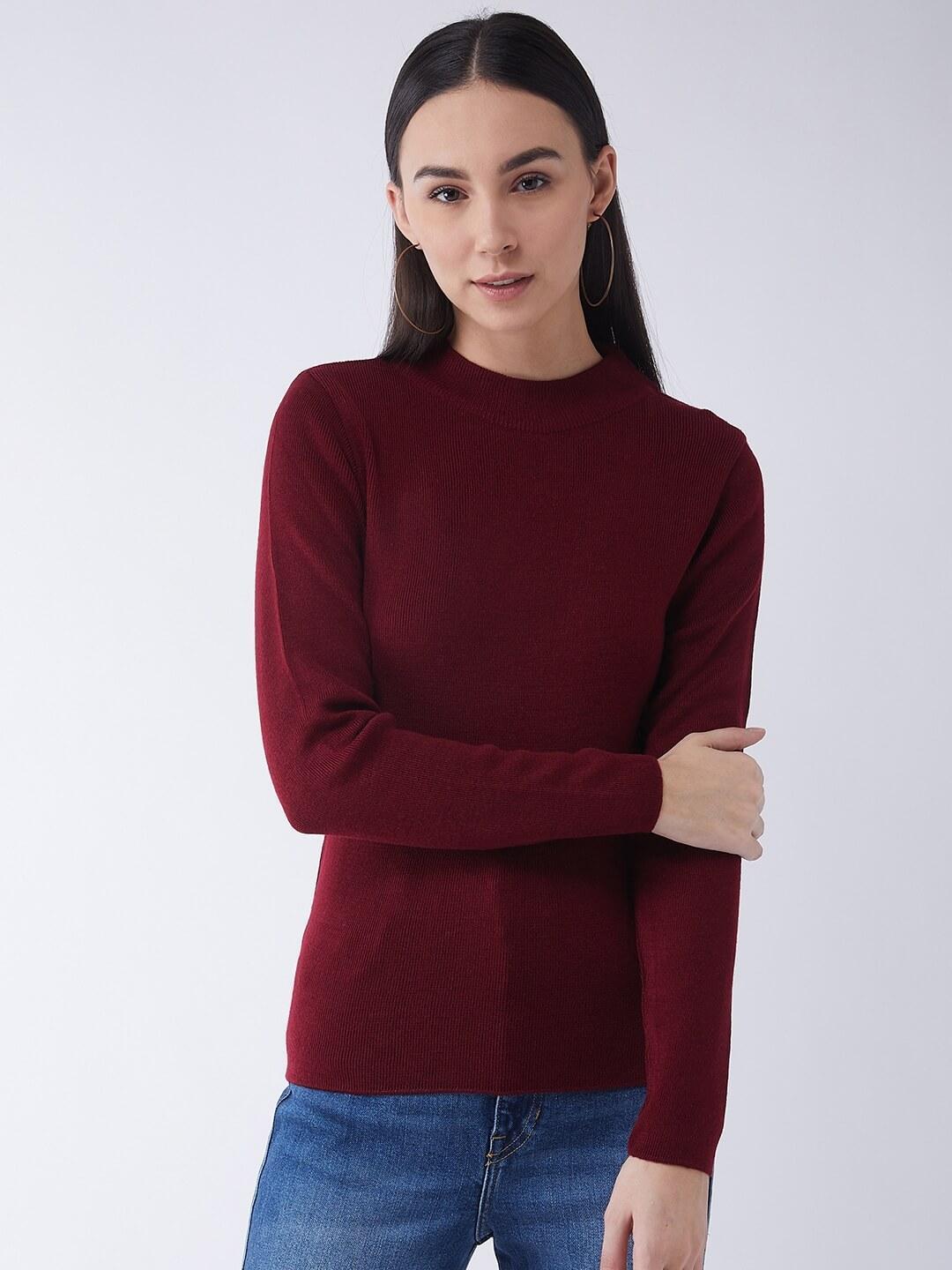RVK Women Maroon Ribbed Pullover Sweater