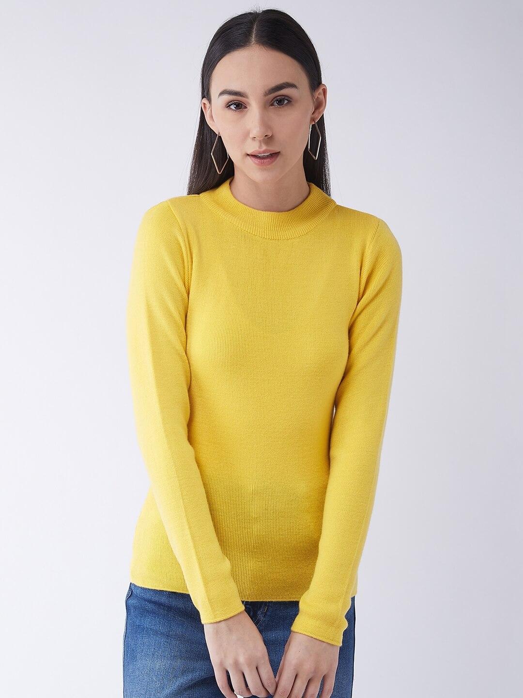 RVK Women Acrylic Yellow Solid Pullover Sweater