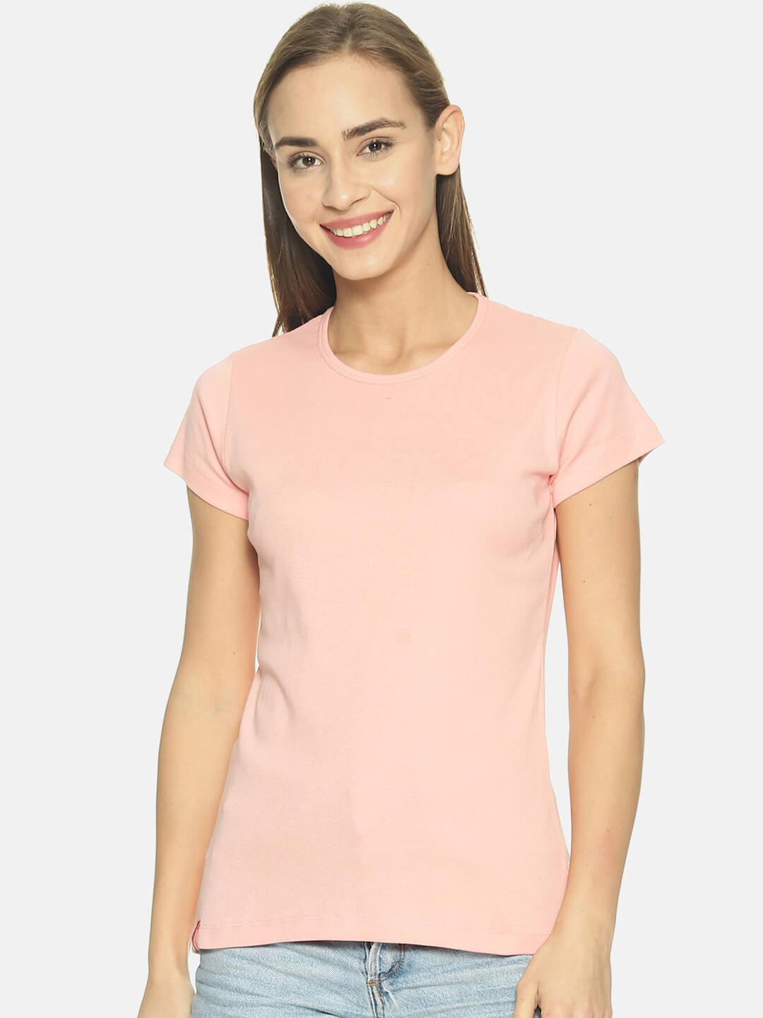 Women Peach Solid Round Neck T-shirt