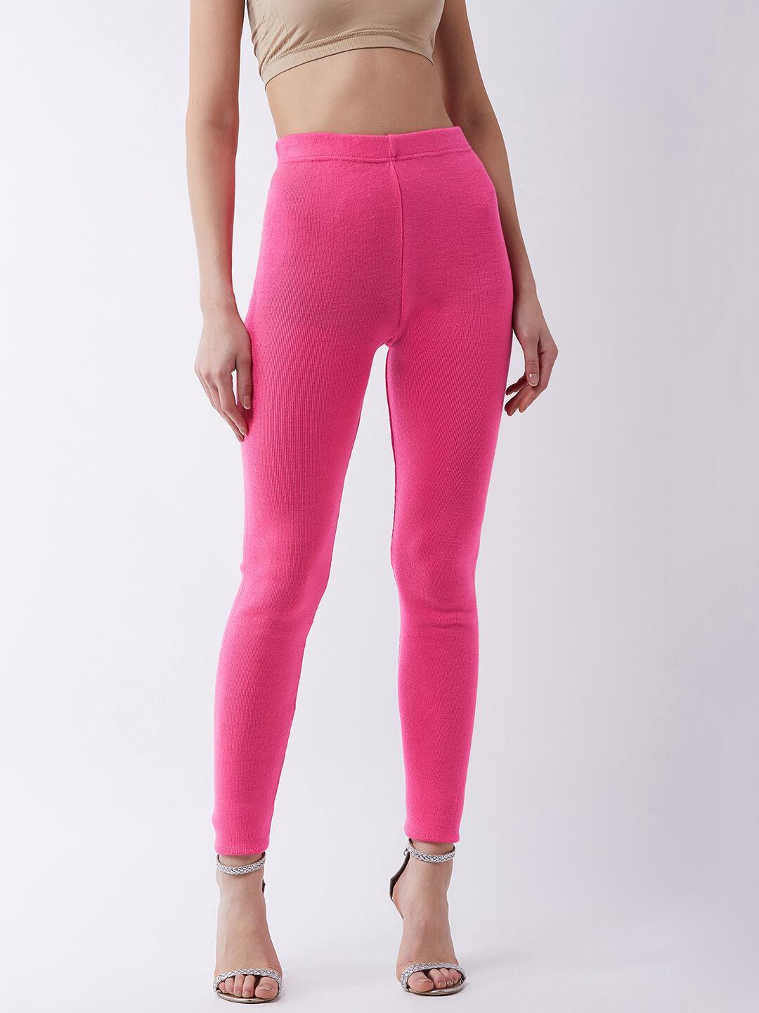 Women Floro Pink solid slim fit woolen leggings