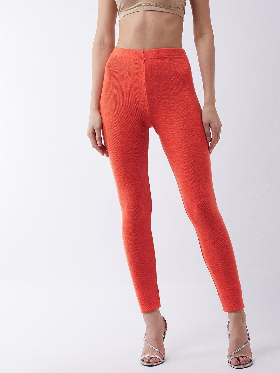 Women Light orange solid slim fit woolen leggings