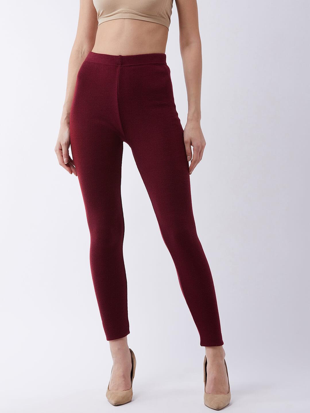 Women Maroon solid slim fit woolen leggings