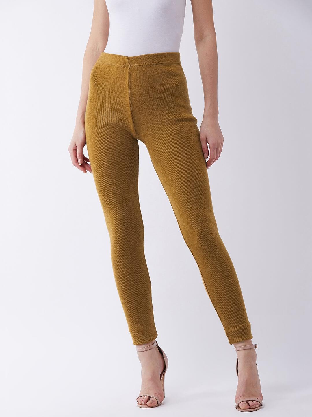 Women Mustard solid slim fit woolen leggings