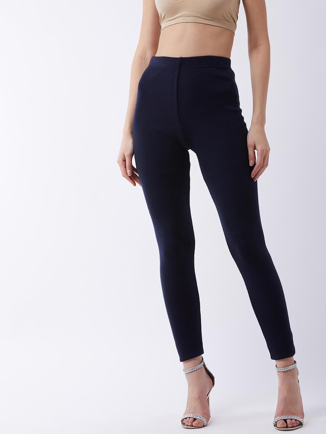 Women Navy solid slim fit woolen leggings