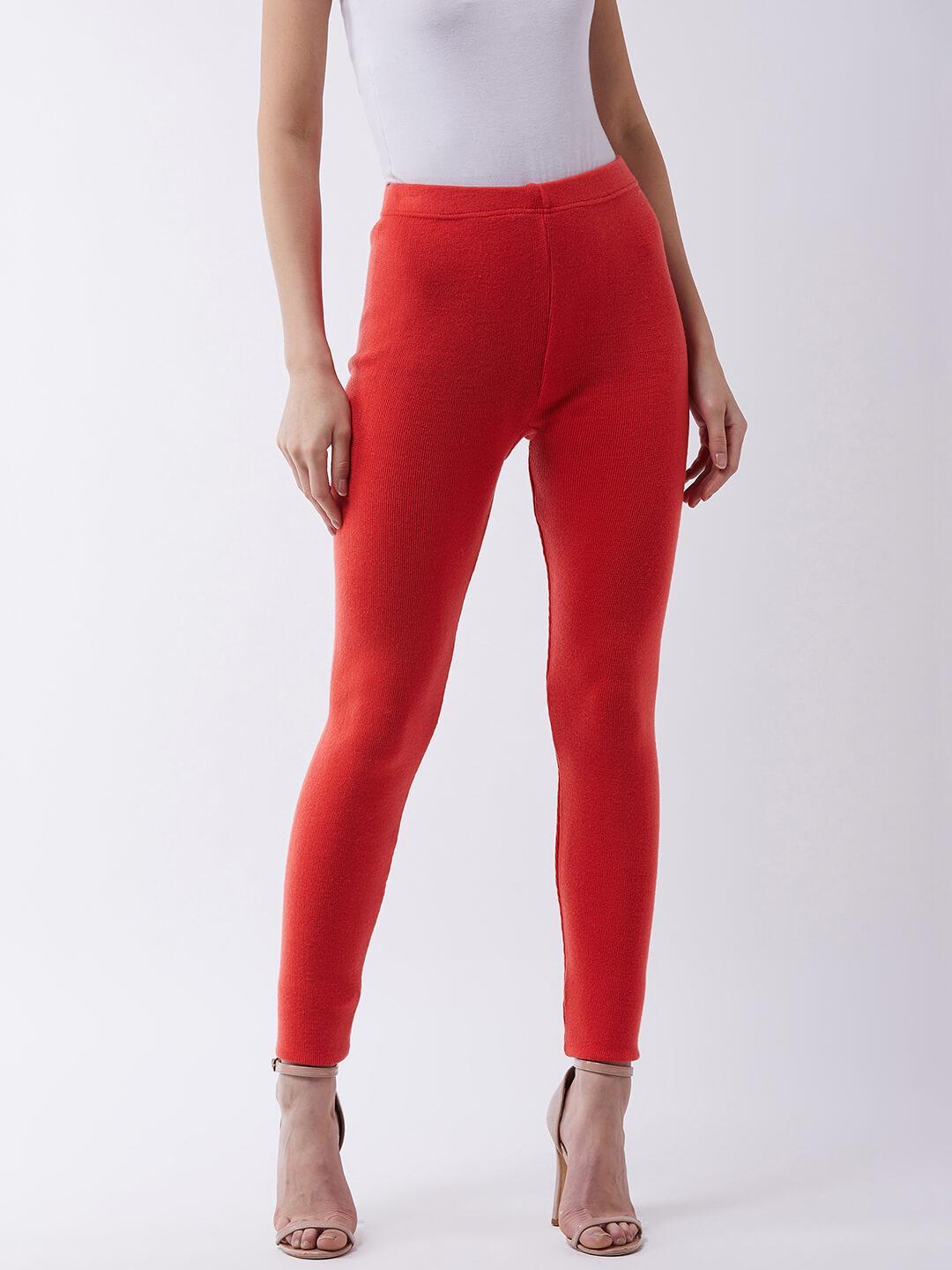 Women Orange solid slim fit woolen leggings