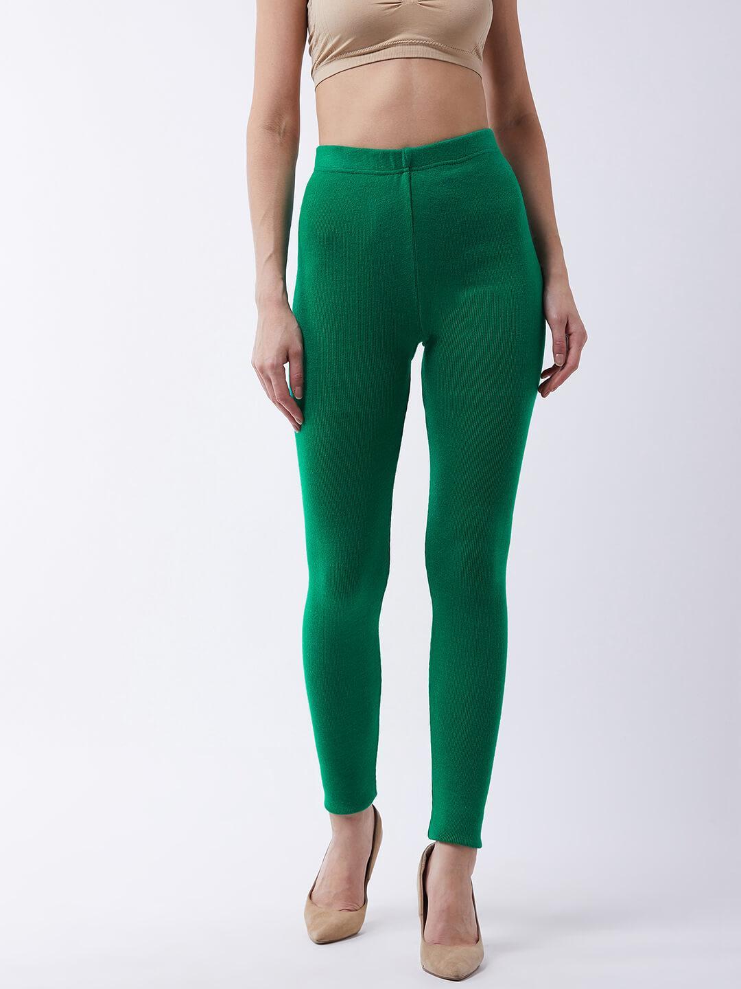 Women Parrot green solid slim fit woolen leggings