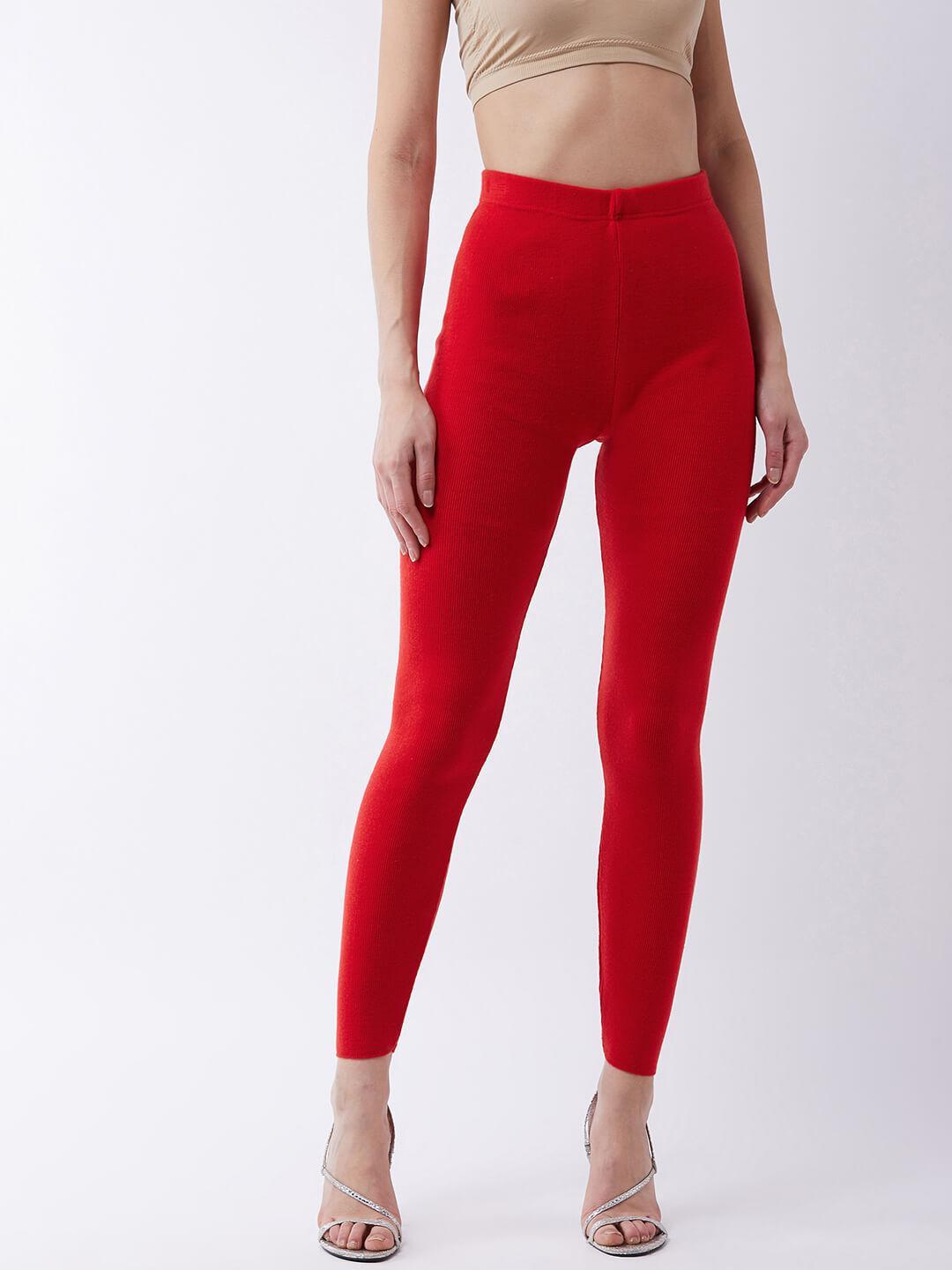 Women Red solid slim fit woolen leggings