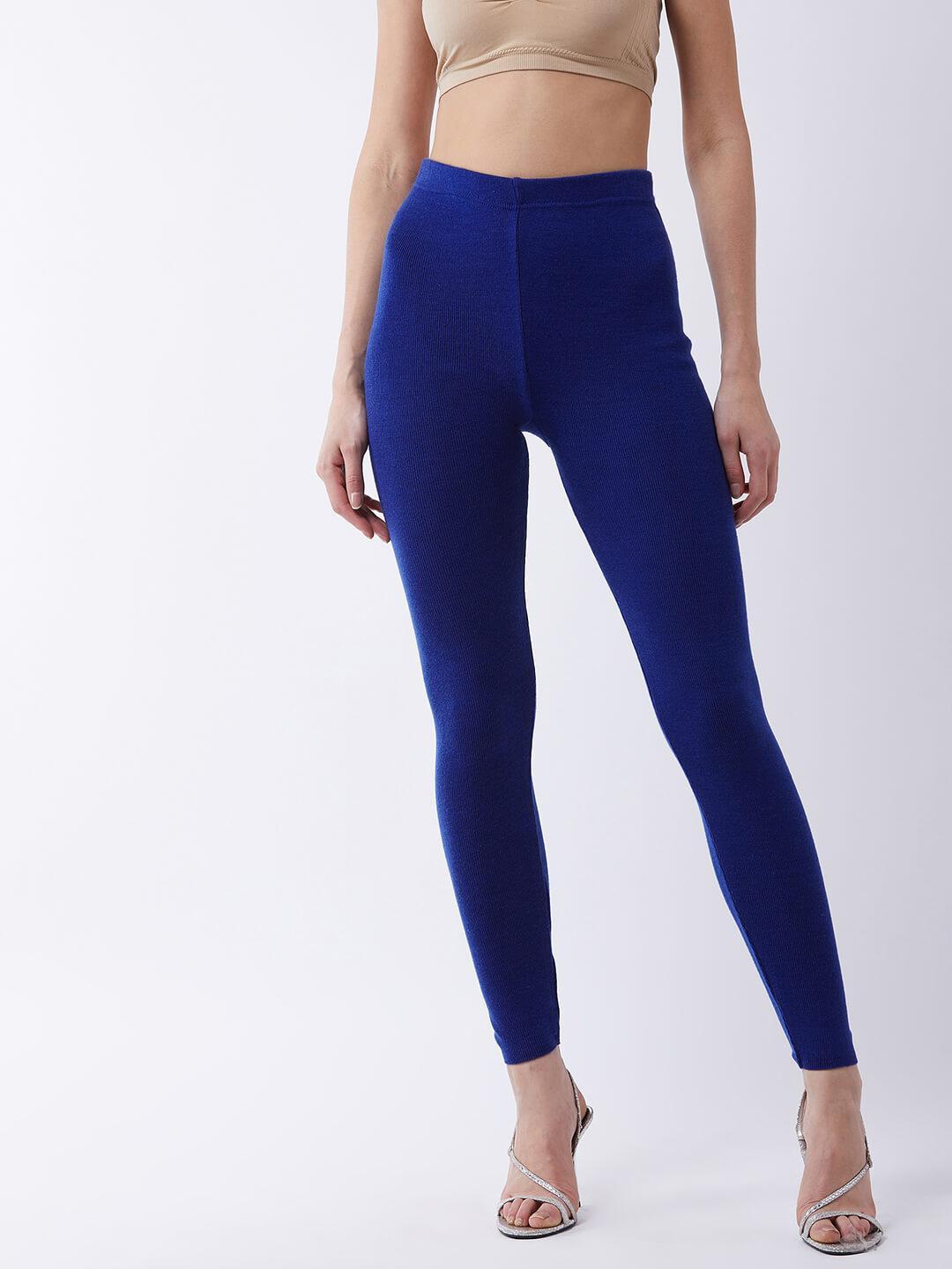 Women Royal blue solid slim fit woolen leggings