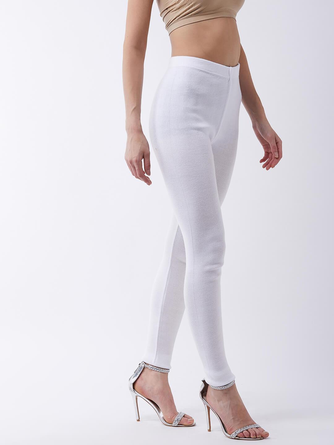 Women White solid slim fit woolen leggings