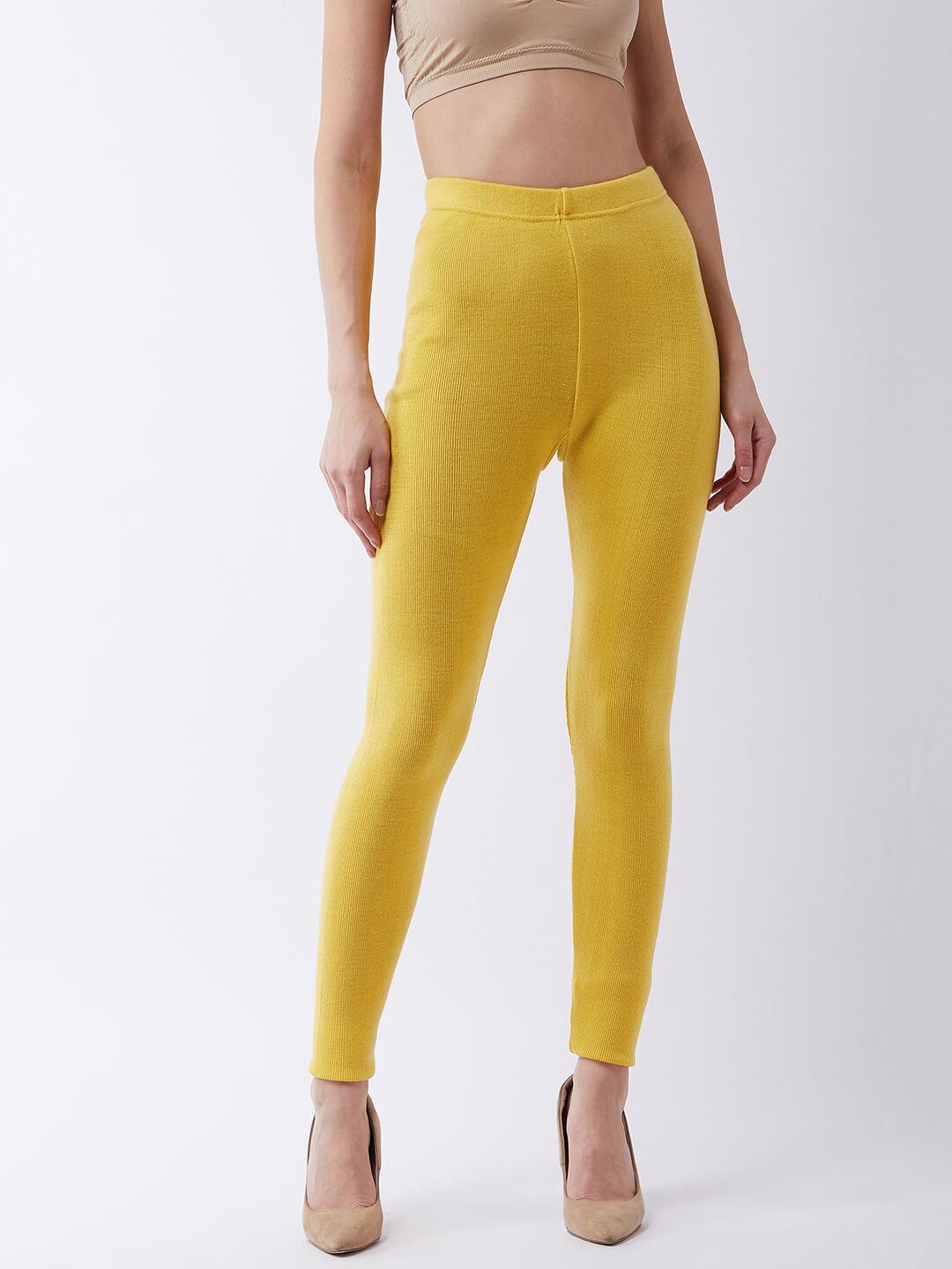 Women Yellow solid slim fit woolen leggings