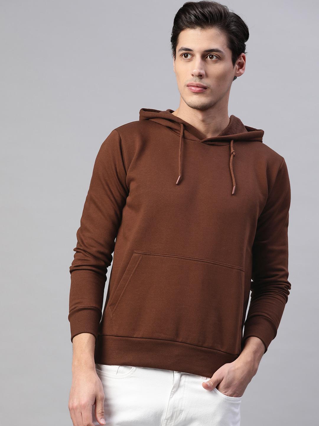 Men Brown Solid Hooded Sweatshirt