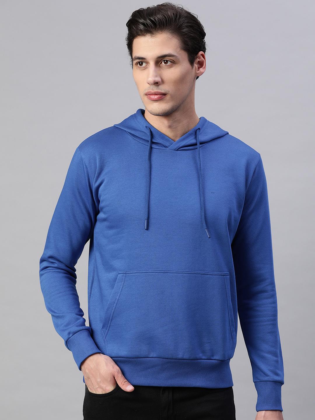 Men Blue Solid Hooded Sweatshirt