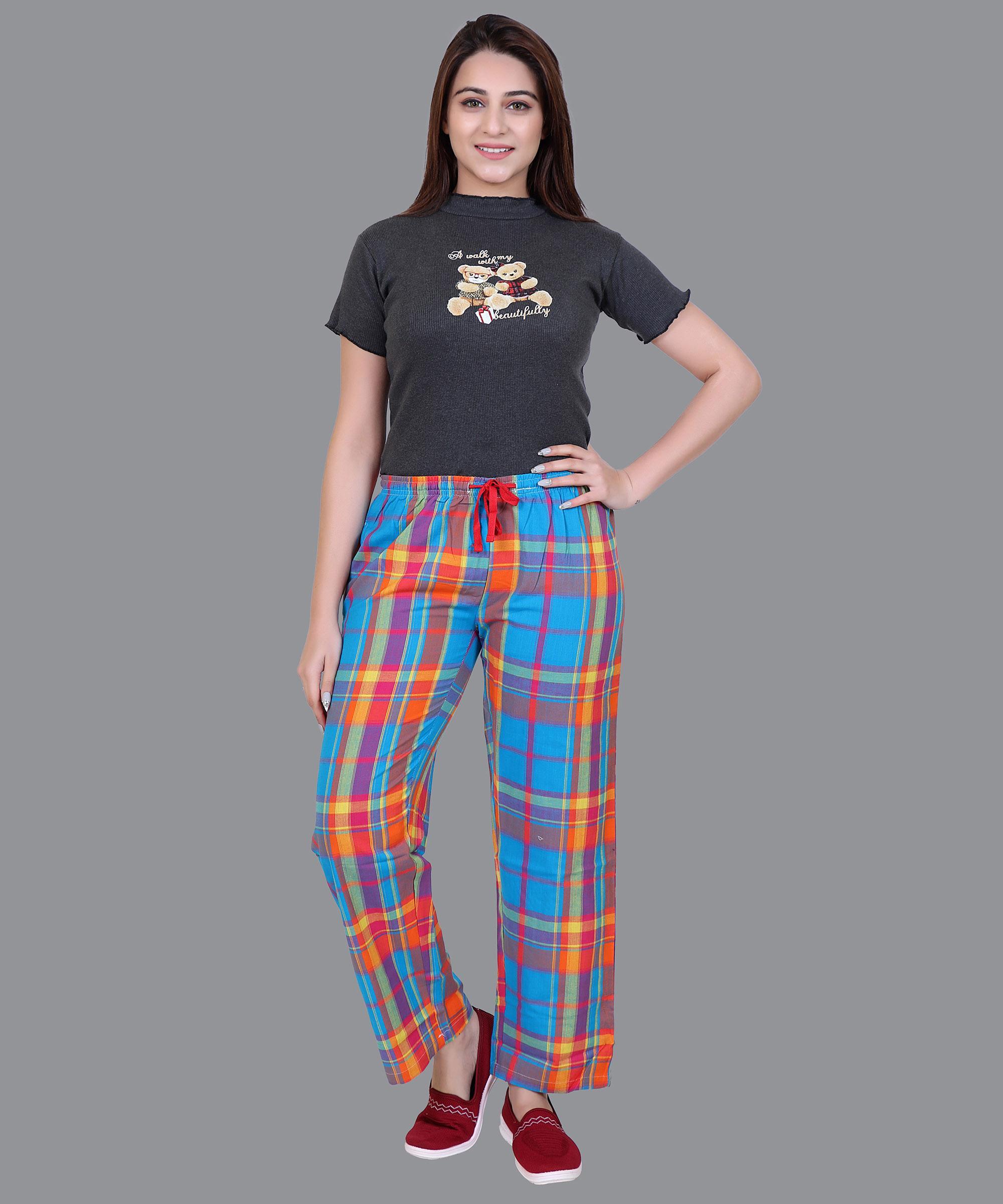 Women Blue & Orange Checked Pajama Regular Fit 