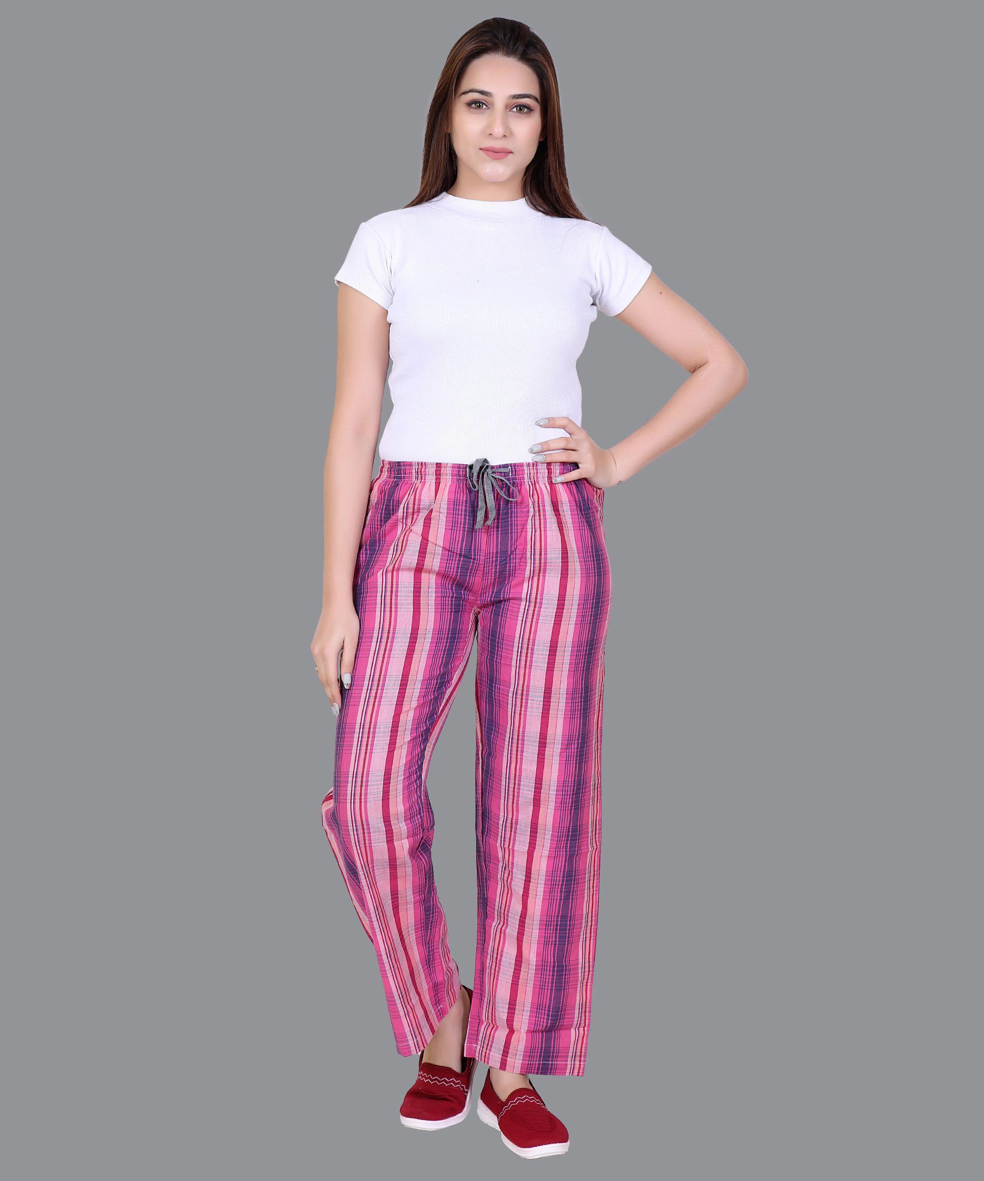 Women Pink Strips - Checked Pajama Regular Fit 