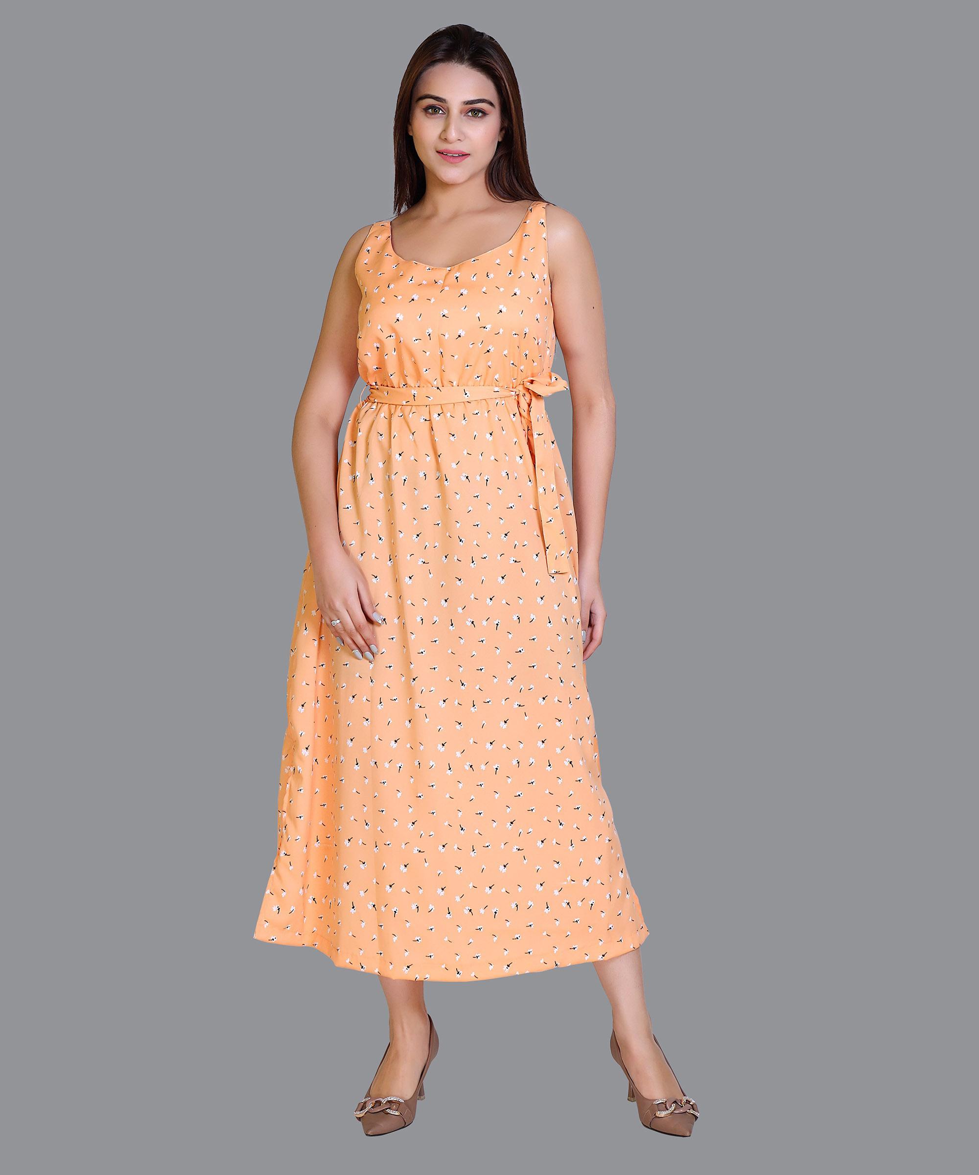 Women Satin Orange Print Western Dress