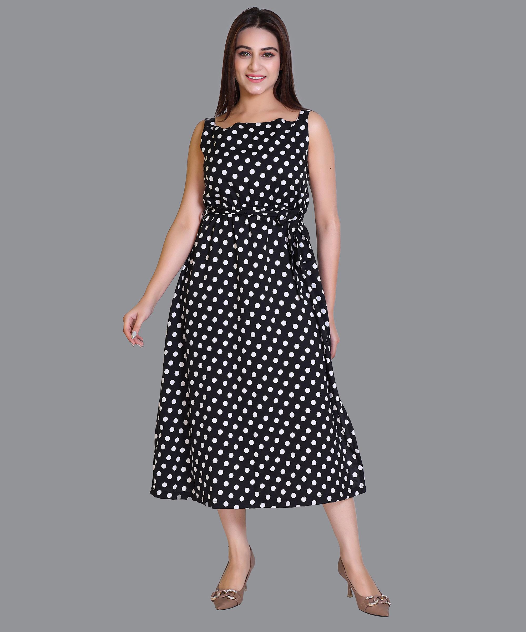 Women Satin Black Polka Western Dress
