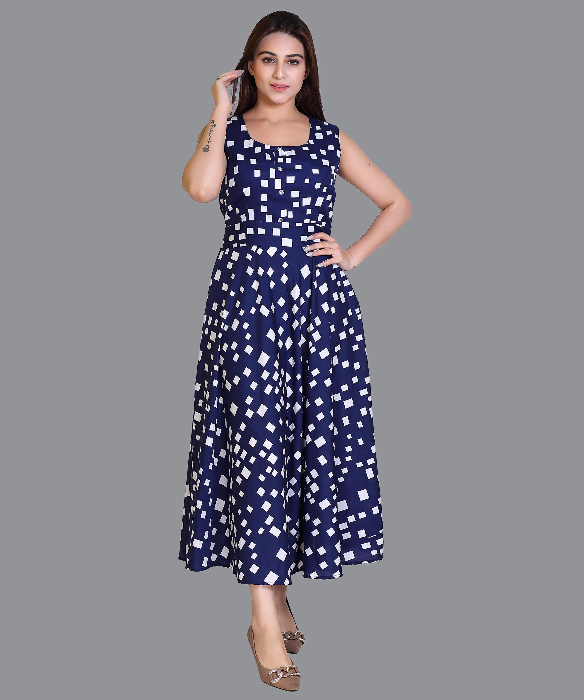 Women Satin Navy Blue Print Western Dress
