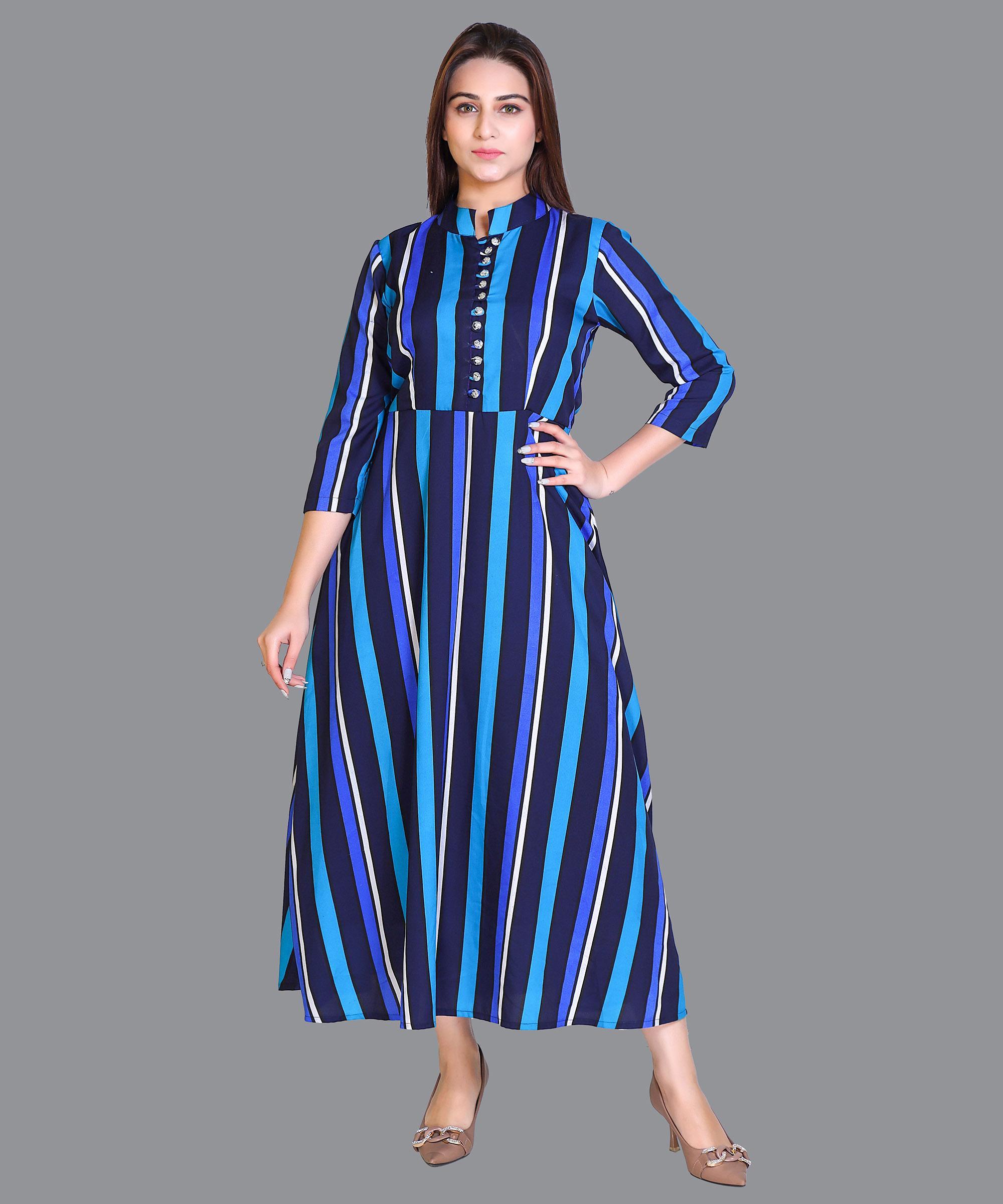Women Satin Blue Strips Western Dress
