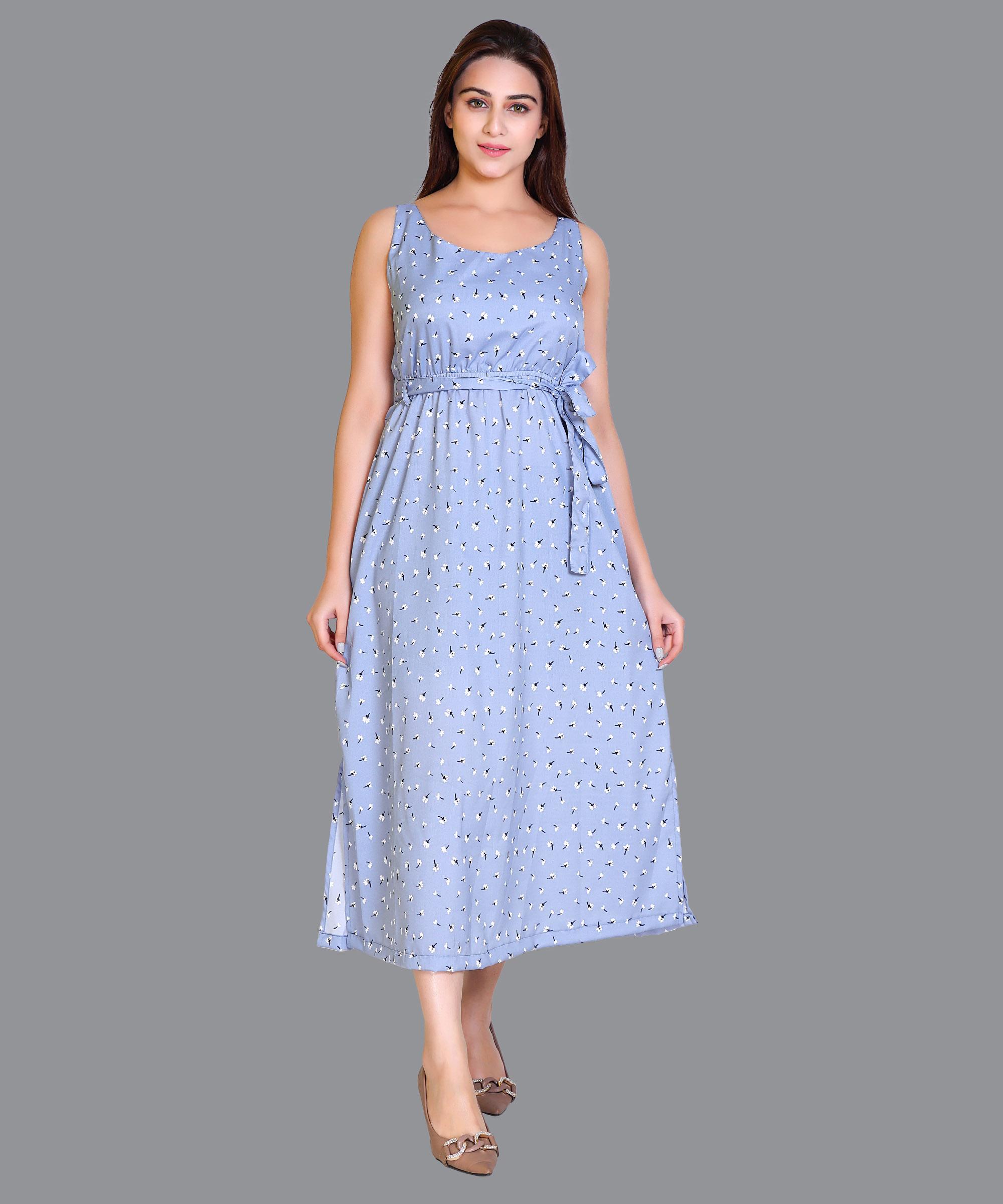 Women Satin Grey Blue Print Western Dress