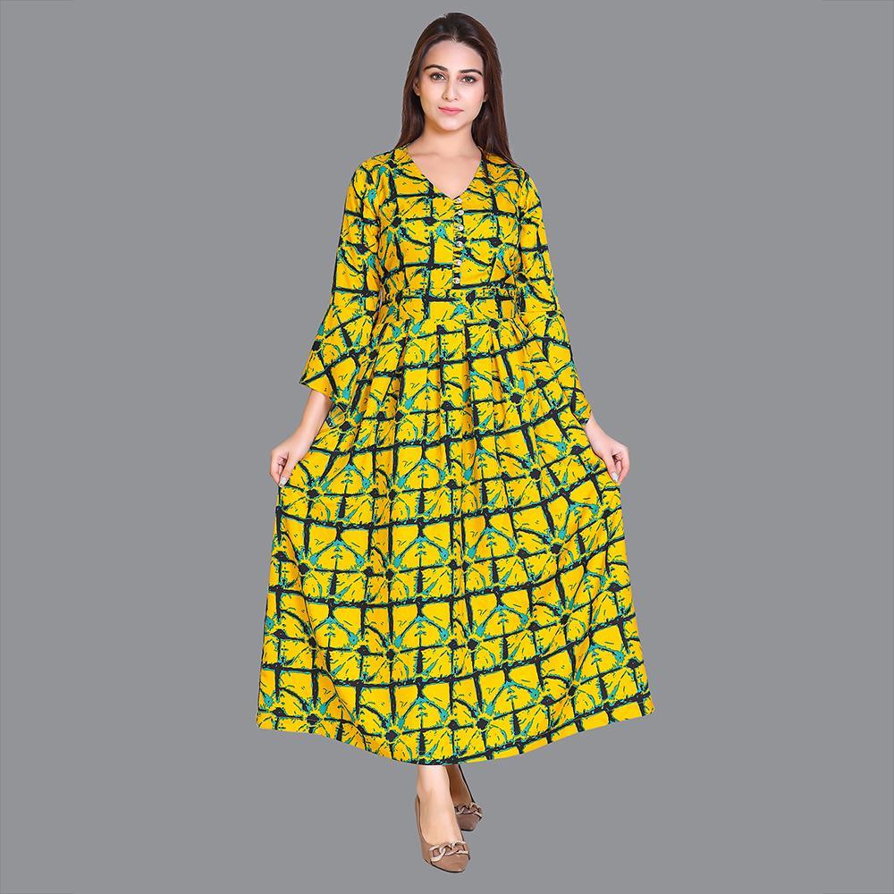 Women Satin Yellow Print Western Dress