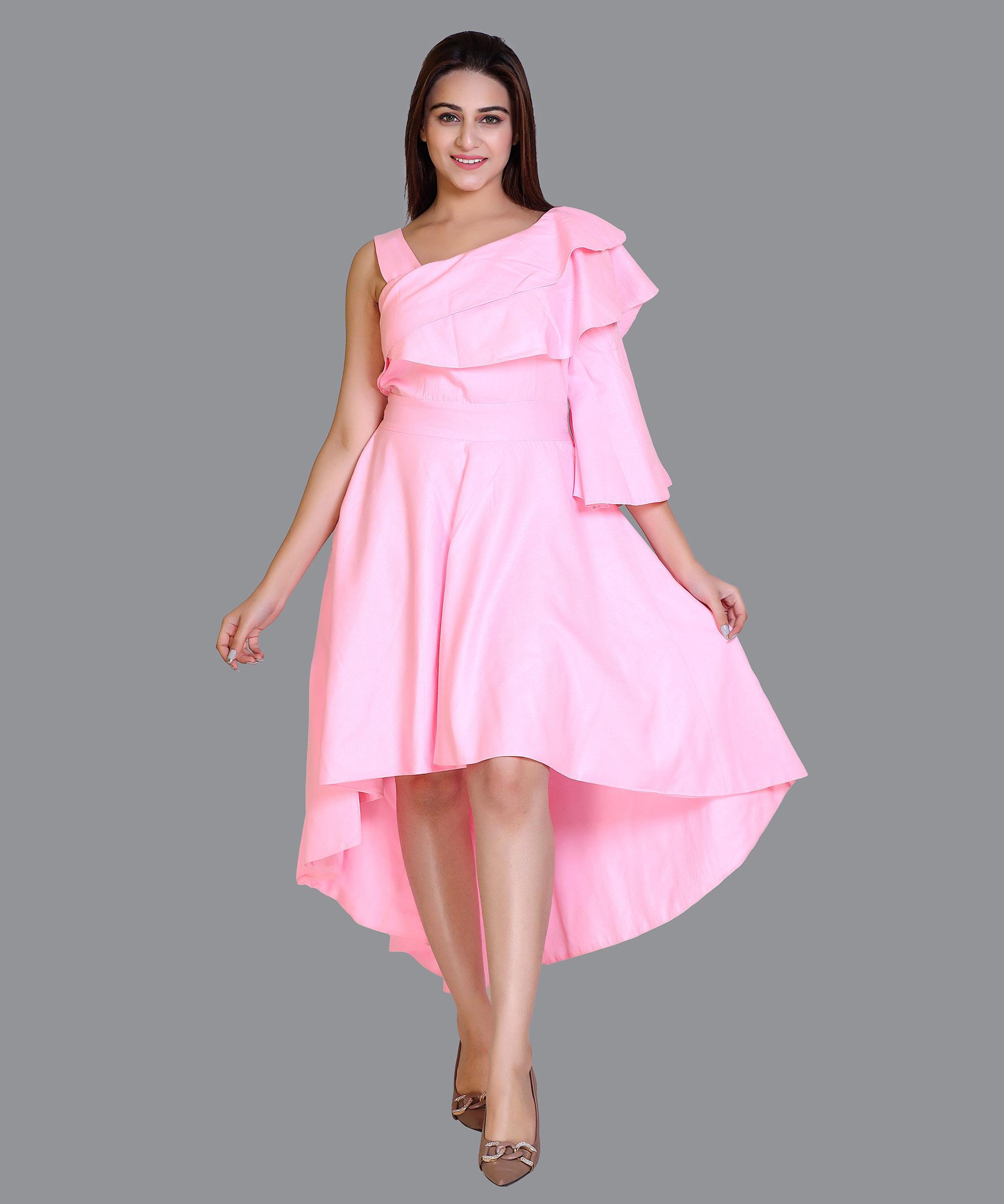 Women Satin Baby Pink Print Western Dress