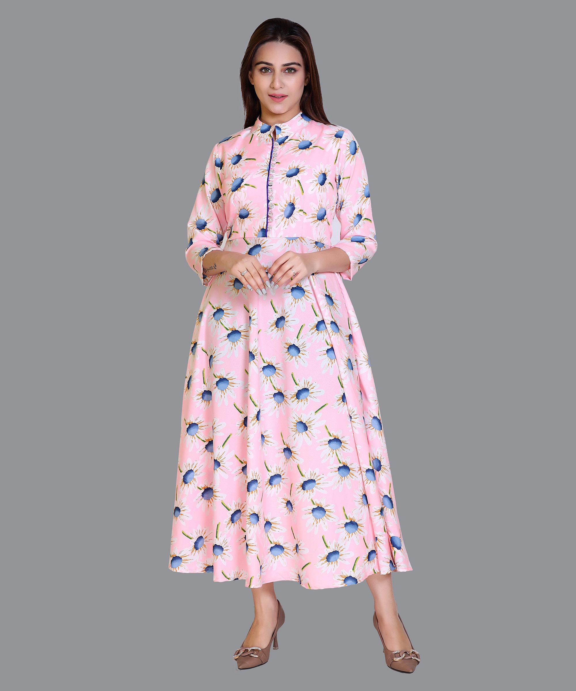 Women Satin Pink Floral Print Western Dress