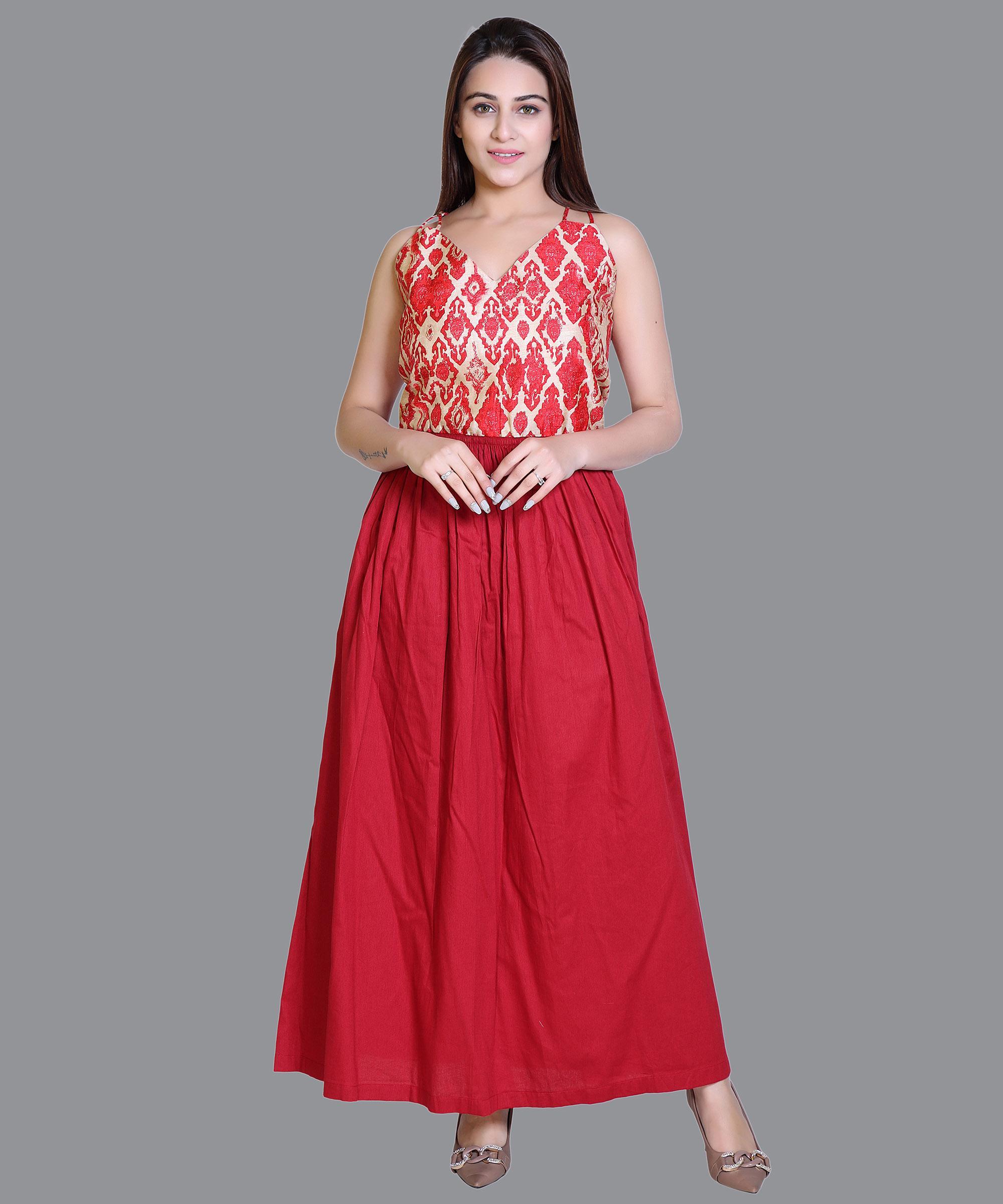 Women Satin Maroon Print Western Dress