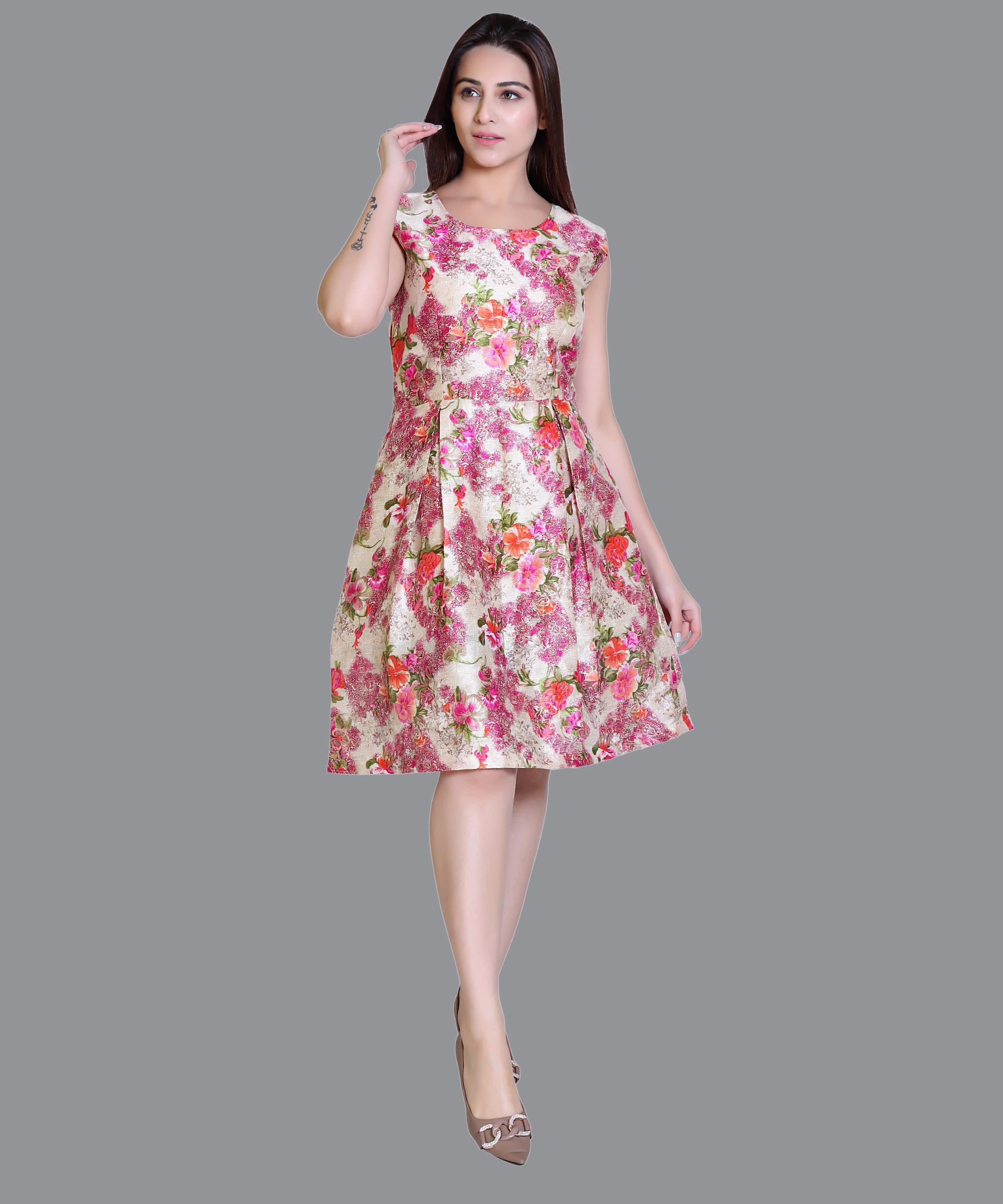 Women Satin Pink Floral Print Western Dress