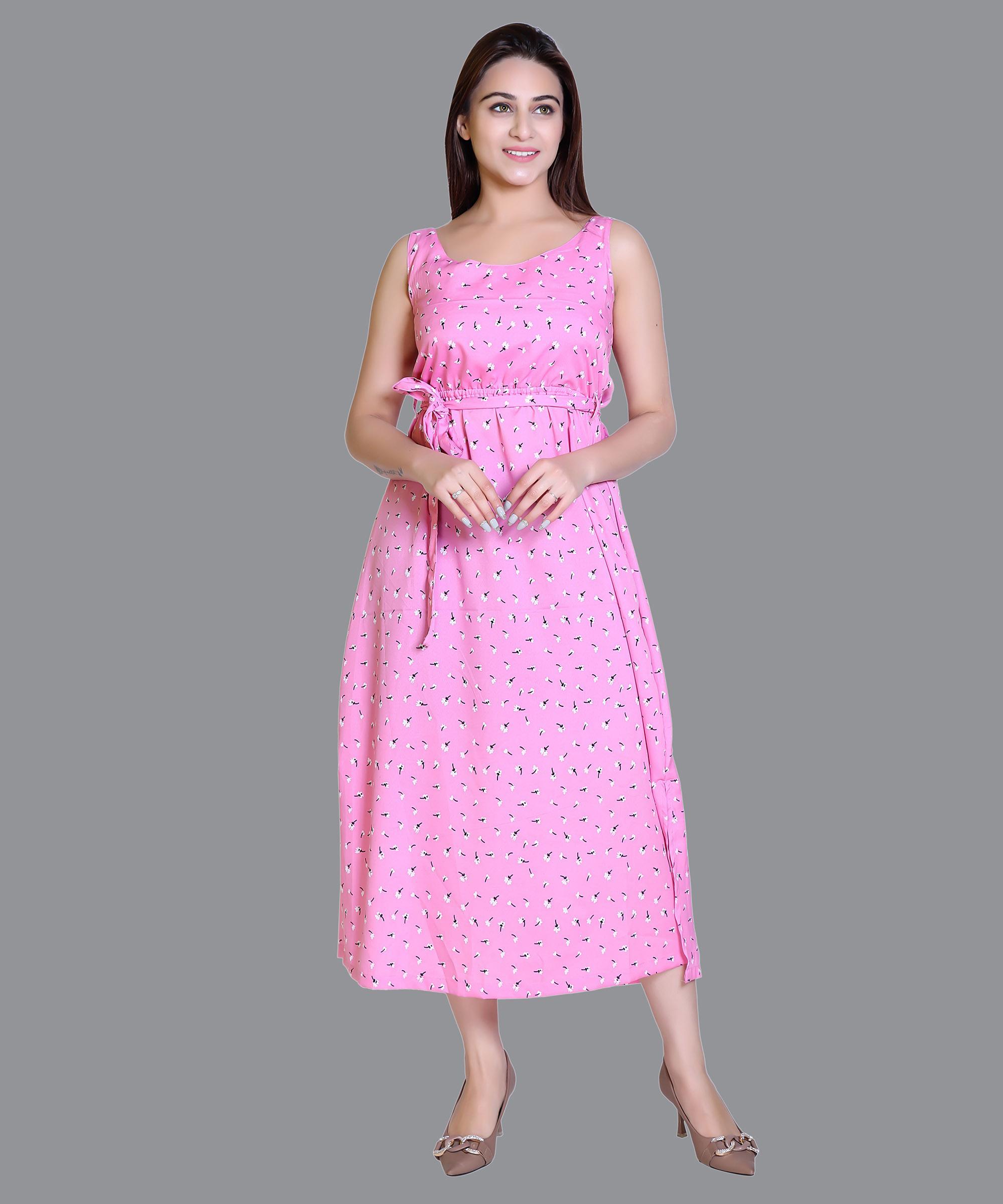 Women Satin Pink Print Western Dress