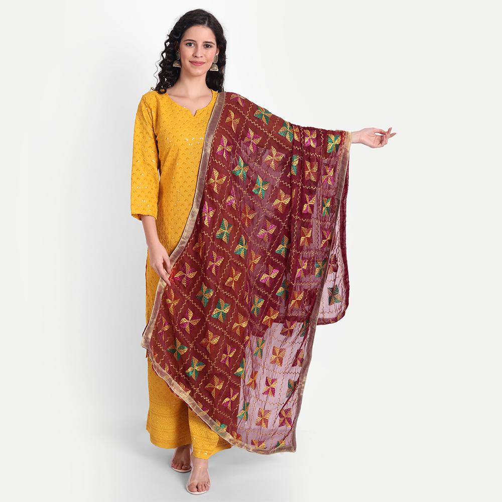 Hemkunt Fabrics Phulkari Embroidered Dupatta
