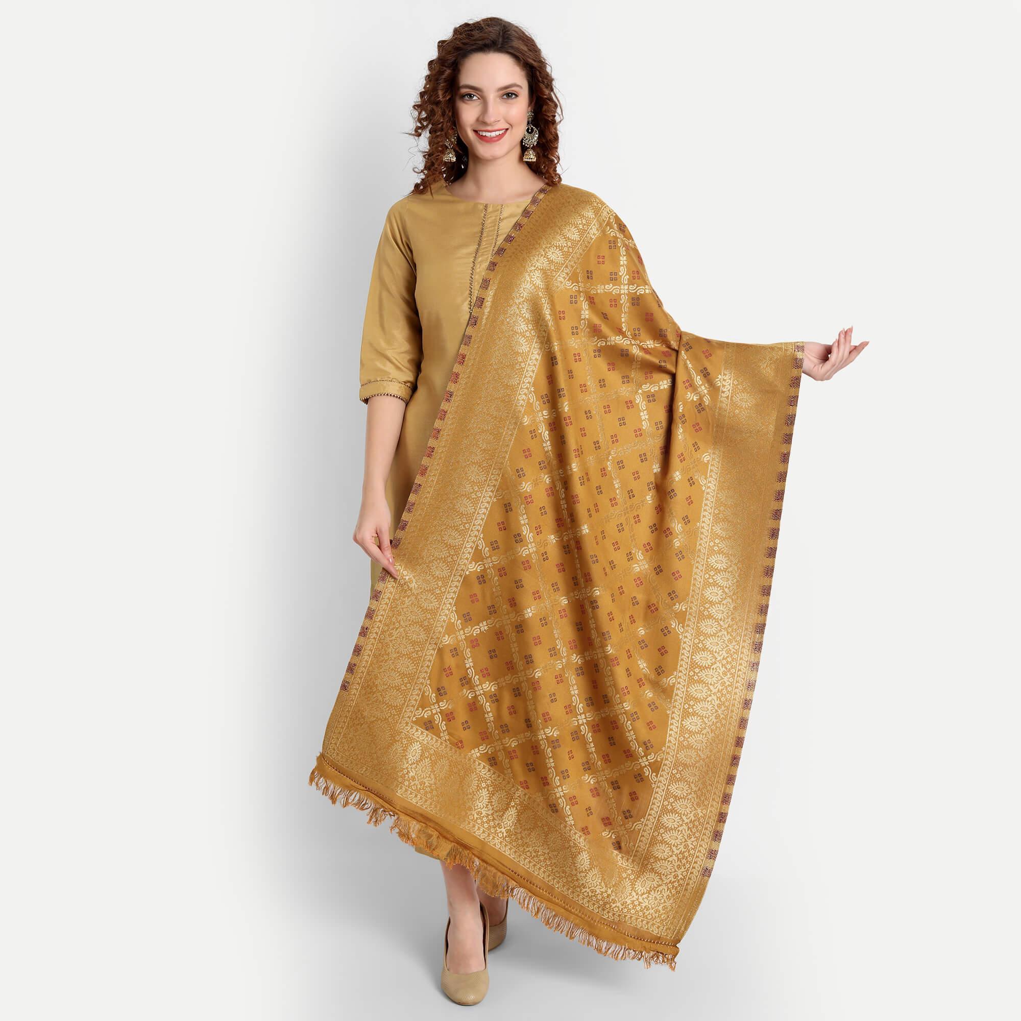 Hemkunt Fabrics viscose/zari / Cotton Blend jacquard Gold Women Dupatta