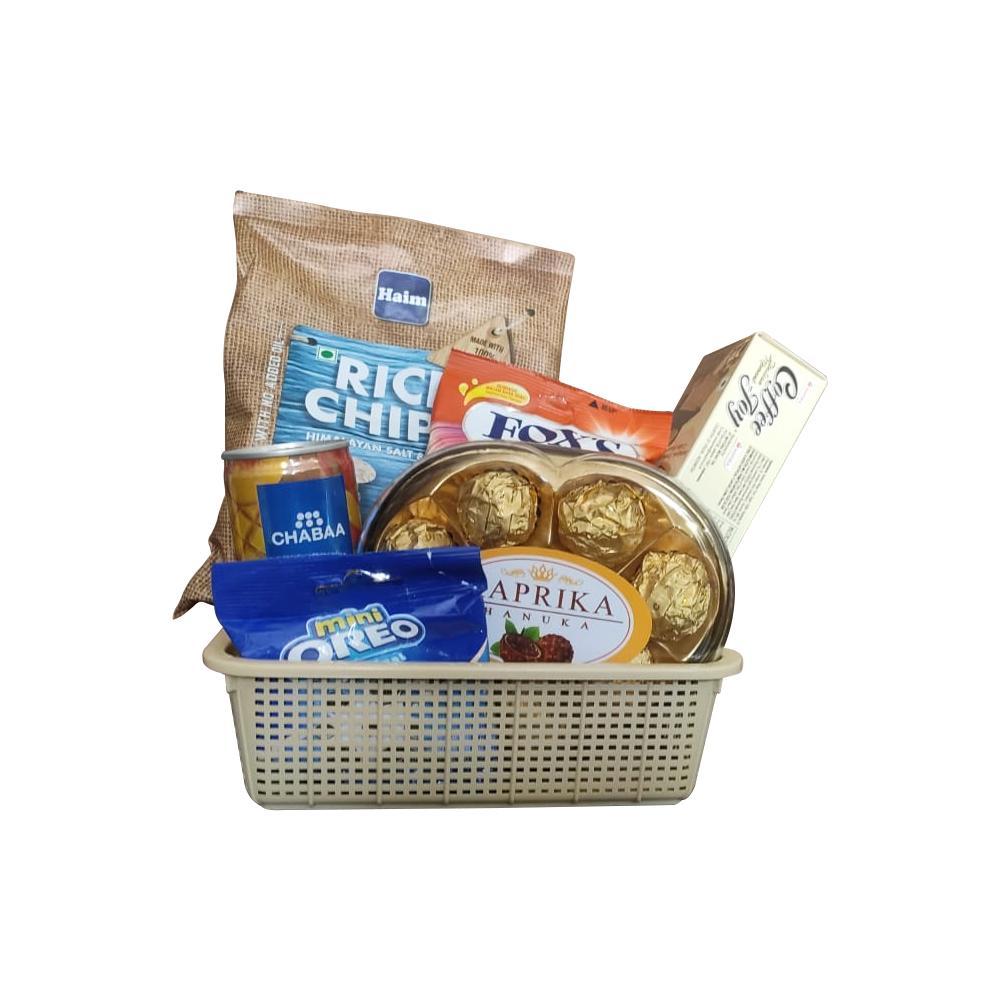 Festive Gift Hamper-kaprika Hanuka Chocolate Cream Flavour Choco Truffles (300 g)|Coffee Joy Coffee Flavored Biscuits Imported, 50Gm|Chabaa Can Juice Mango & Peach With Peach Flesh 230ml|Fox's Crystal Clear Fruits Lemon, Strawberry, Blackcurrant & Ora
