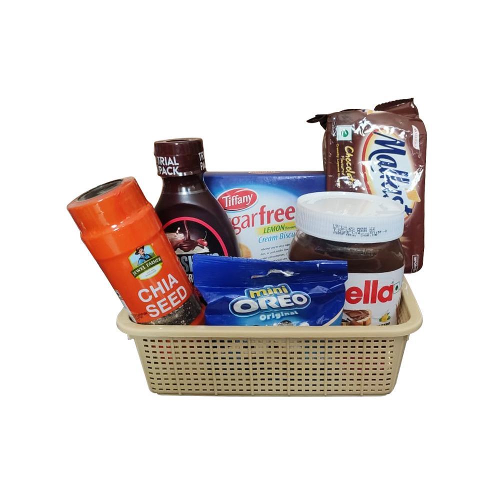 Festive Gift Hamper-Nutella Chocolate Hazelnut Spread, 350 g|Hershey's Syrup Chocolate, 623G|Malkist Chocolate Flavoured Cracker Biscuits 150 gm|Jewel Farmer Chia seeds Unroasted Superfood with Protein, Dietry Fiber & Omega 3 (250g)|Oreo Mini Chocolat