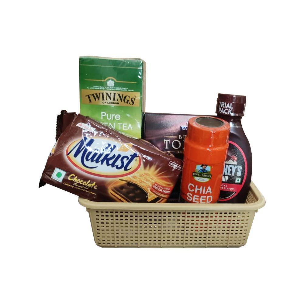 Festive Gift Hamper - Malkist Chocolate Flavoured Cracker Biscuits 150 gm|Hershey's Syrup Chocolate, 623G|Jewel Farmer Chia seeds Unroasted Superfood with Protein, Dietry Fiber & Omega 3 (250g)|Twinings Pure Green Tea, 50 g|Sapphire Butter Toffee Milk