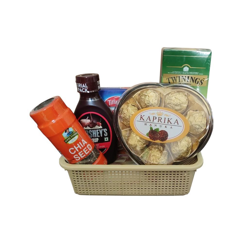 Festive Gift Hamper - Tiffany Biscuits Sugar-Free Lemon Flavored Cream Sandwich Biscuits 162gms|Jewel Farmer Chia seeds Unroasted Superfood with Protein, Dietry Fiber & Omega 3 (250g)|Hershey's Syrup Chocolate, 623G|Twinings Pure Green Tea, 50 g|kapri