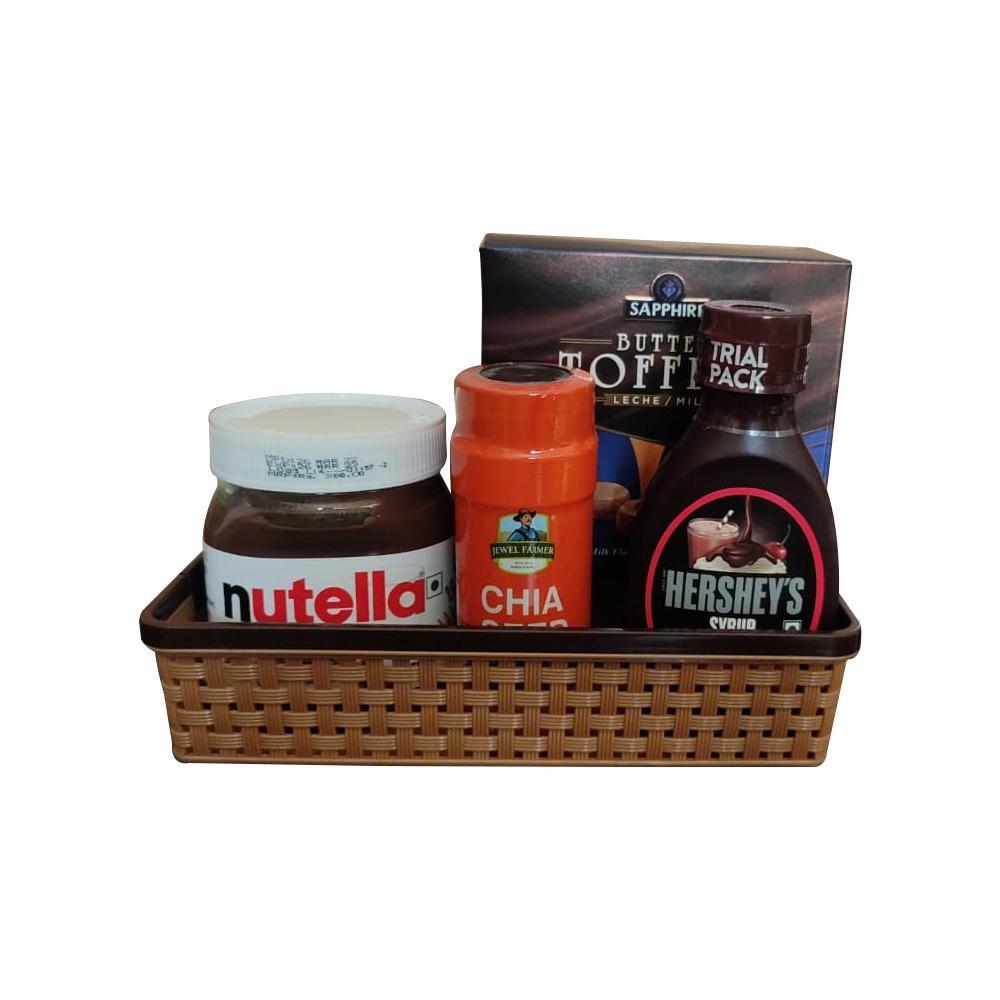 Festive Gift Hamper - Nutella Chocolate Hazelnut Spread, 350 g|Hershey's Syrup Chocolate, 623G|Jewel Farmer Chia seeds Unroasted Superfood with Protein, Dietary Fiber & Omega 3 (250g)|Sapphire Butter Toffee Milk 150g