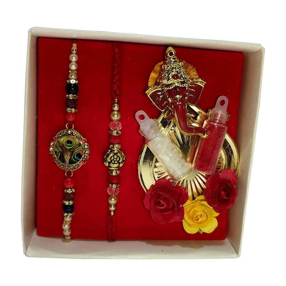 Rakhshabandhan Gifts for Brother , Peacock Pendent Designed Rakhi with Ganesh ji Combo Pack, Roli and Chawal