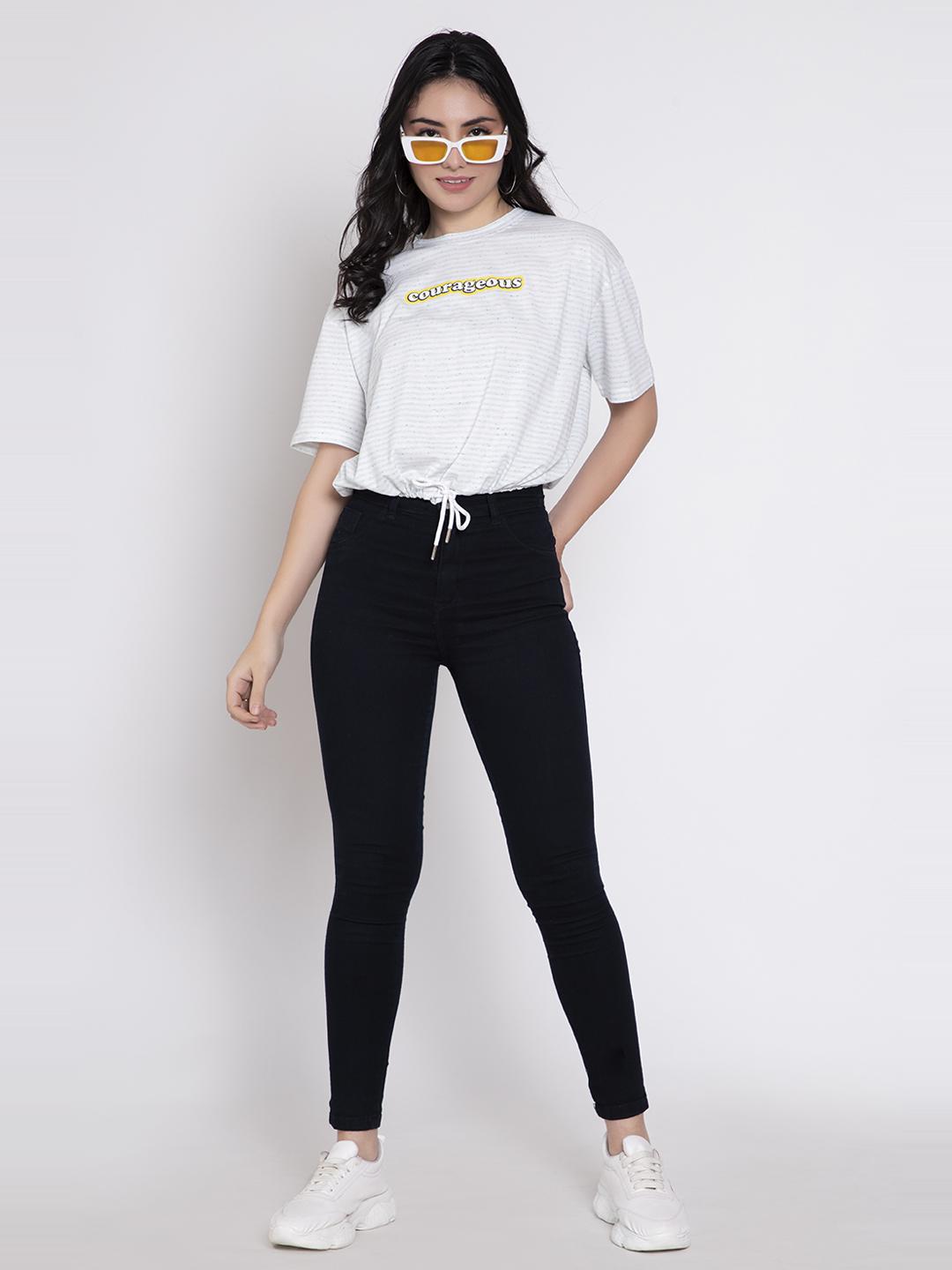 White Waist Tie-Up blouson crop top