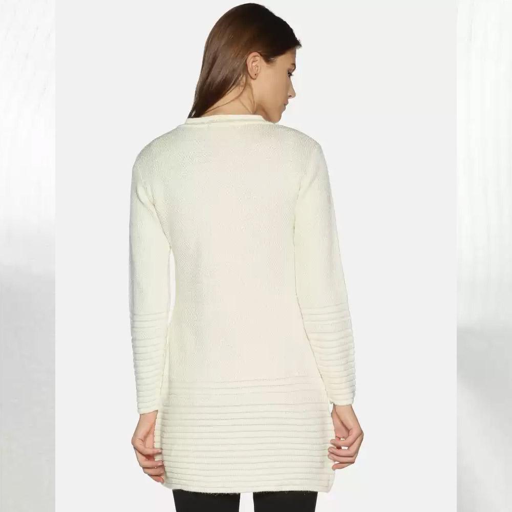 Companion Solid Round Neck Casual Women White Sweater