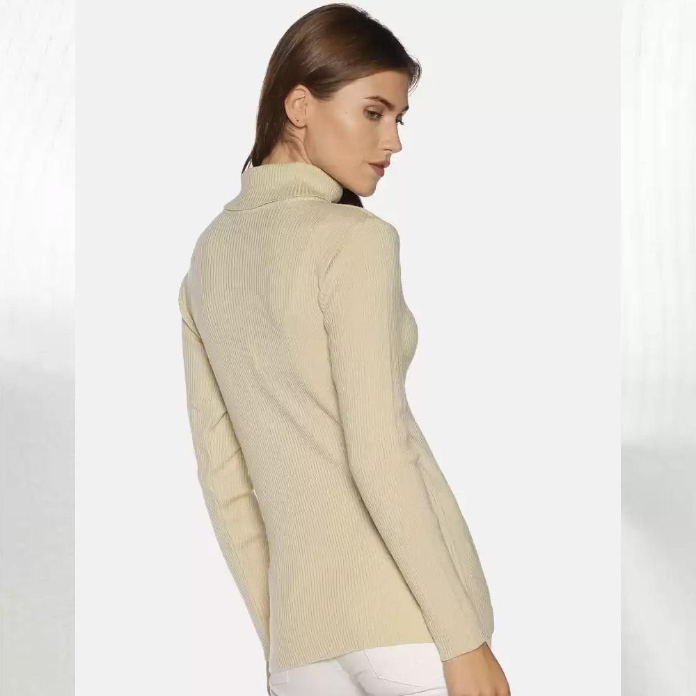 Companion Solid High Neck Casual Women Beige Sweater