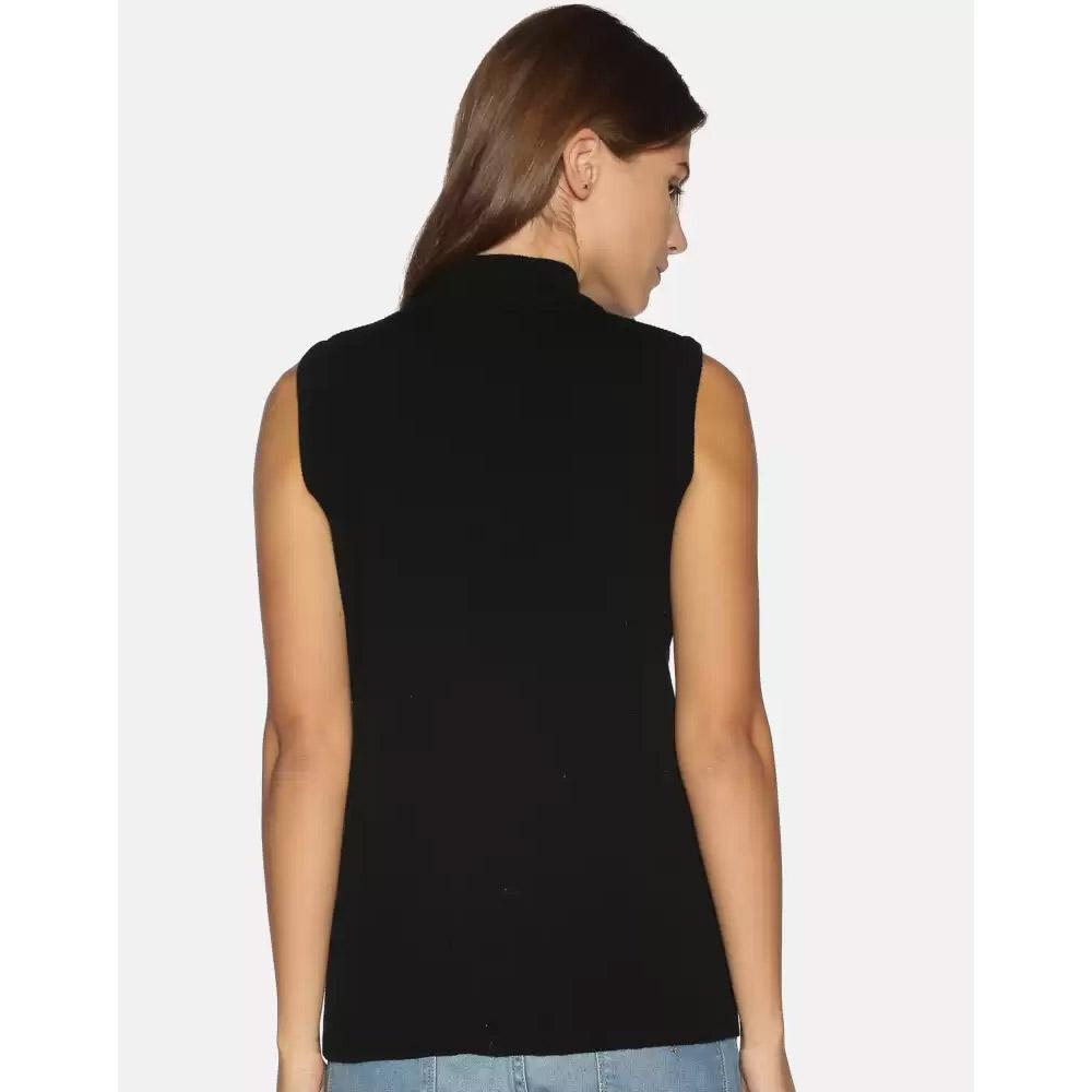 Companion Solid High Neck Casual Women Black Sweater Sleeveless