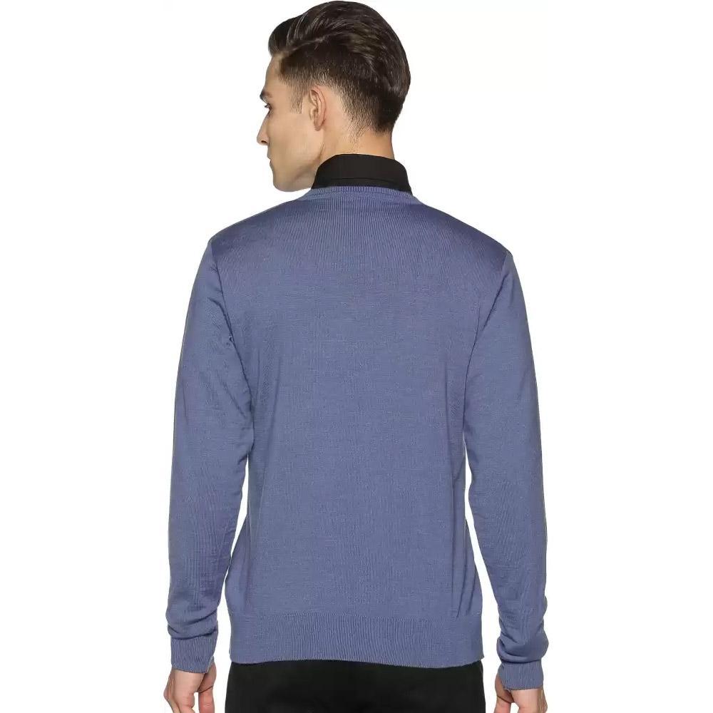 Companion Solid V Neck Casual Men Blue Sweater