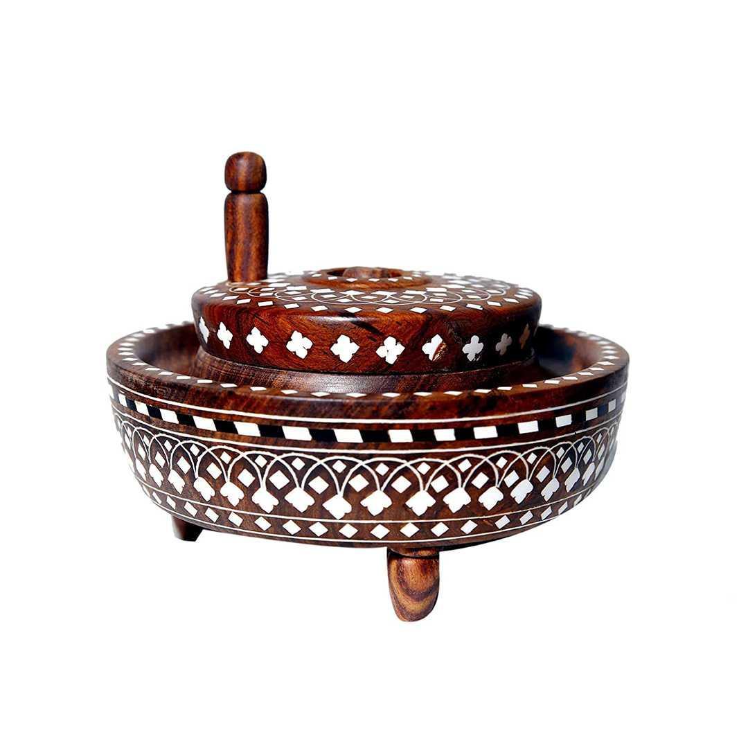 KBL Handmade Sheesham Wood Chakki Inlaid with Acrylic (Brown) 6 inch