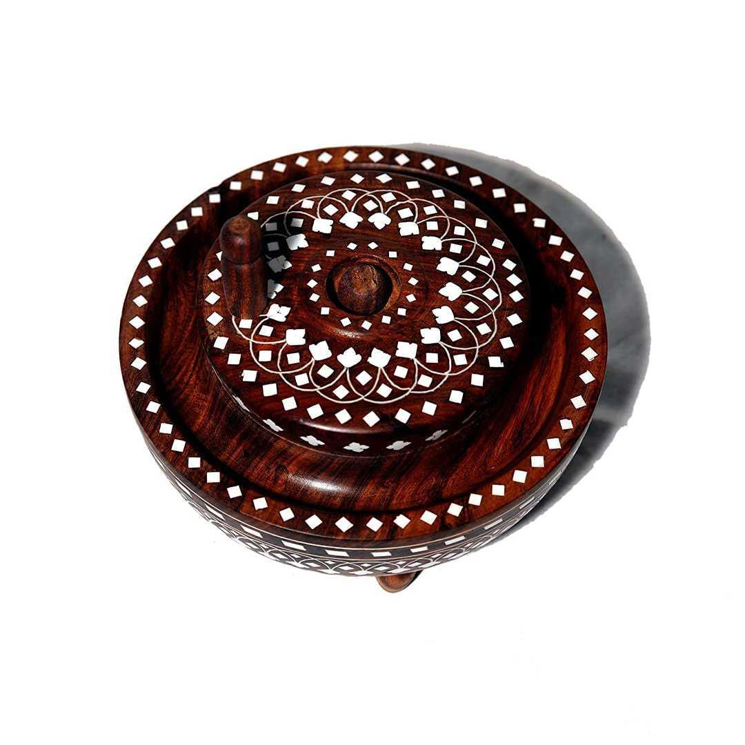 KBL Handmade Sheesham Wood Chakki Inlaid with Acrylic (Brown) 8 inch